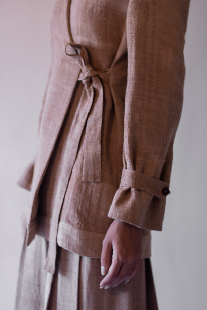 Tea dyed Handwoven Eri Silk Jacket with wrap-over tie-up detail