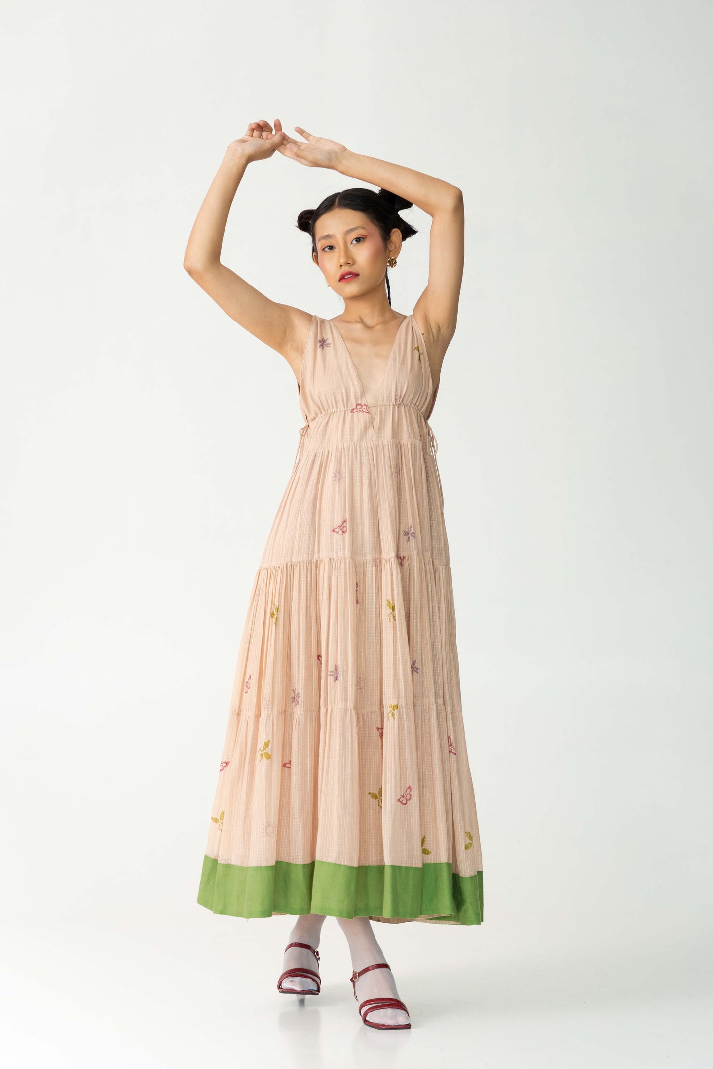 Go with the wind cotton dress, Color Peach, Handwoven Silk X Cotton fabric, Hand-Block Print, Full lined maxi flowy dress.