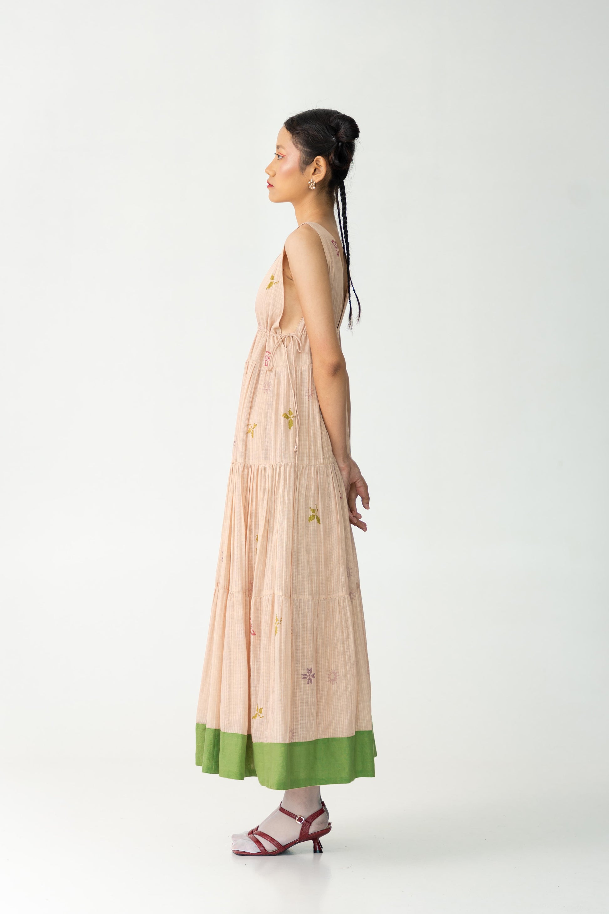 Go with the wind cotton dress, Color Peach, Handwoven Silk X Cotton fabric, Hand-Block Print, Full lined maxi flowy dress.