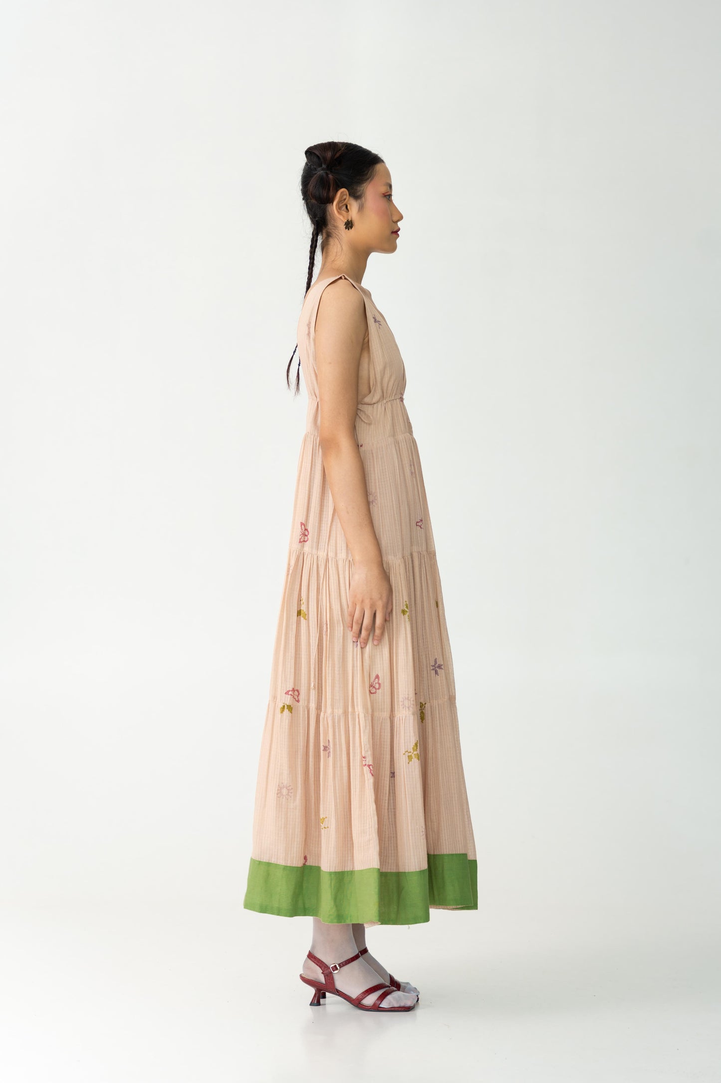 Go with the wind cotton dress, Color Peach, Handwoven Silk X Cotton fabric, Hand-Block Print, Full lined maxi flowy dress.