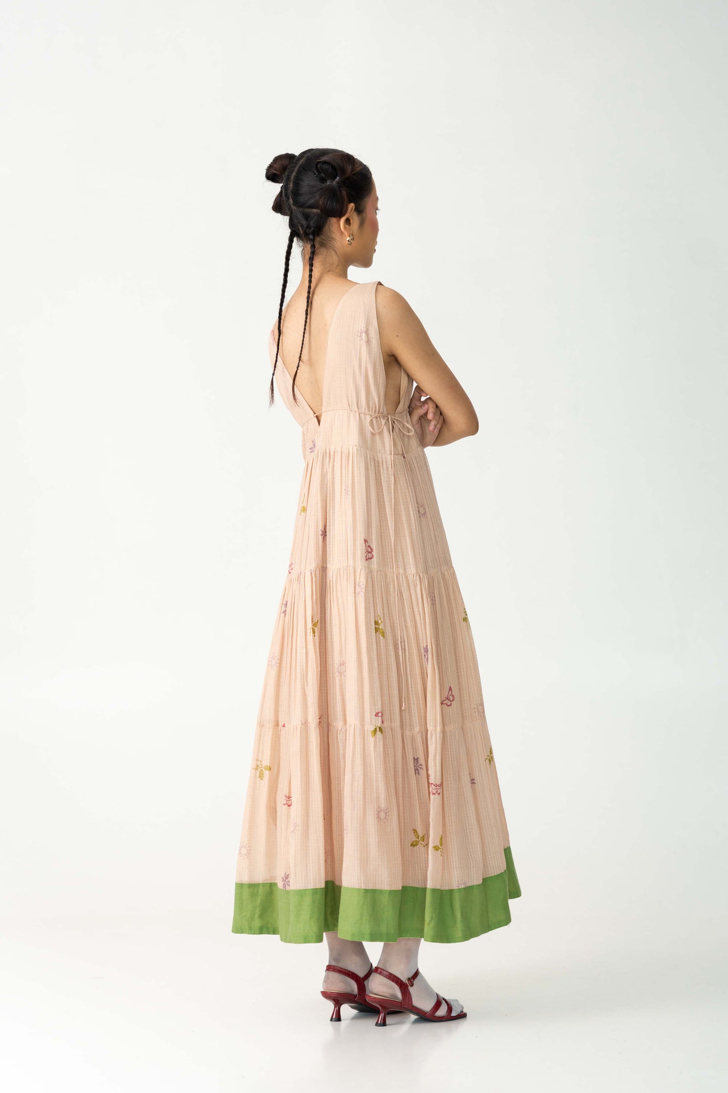 Go with the wind cotton dress, Color Peach, Handwoven Silk X Cotton fabric, Hand-Block Print, Full lined maxi flowy dress.