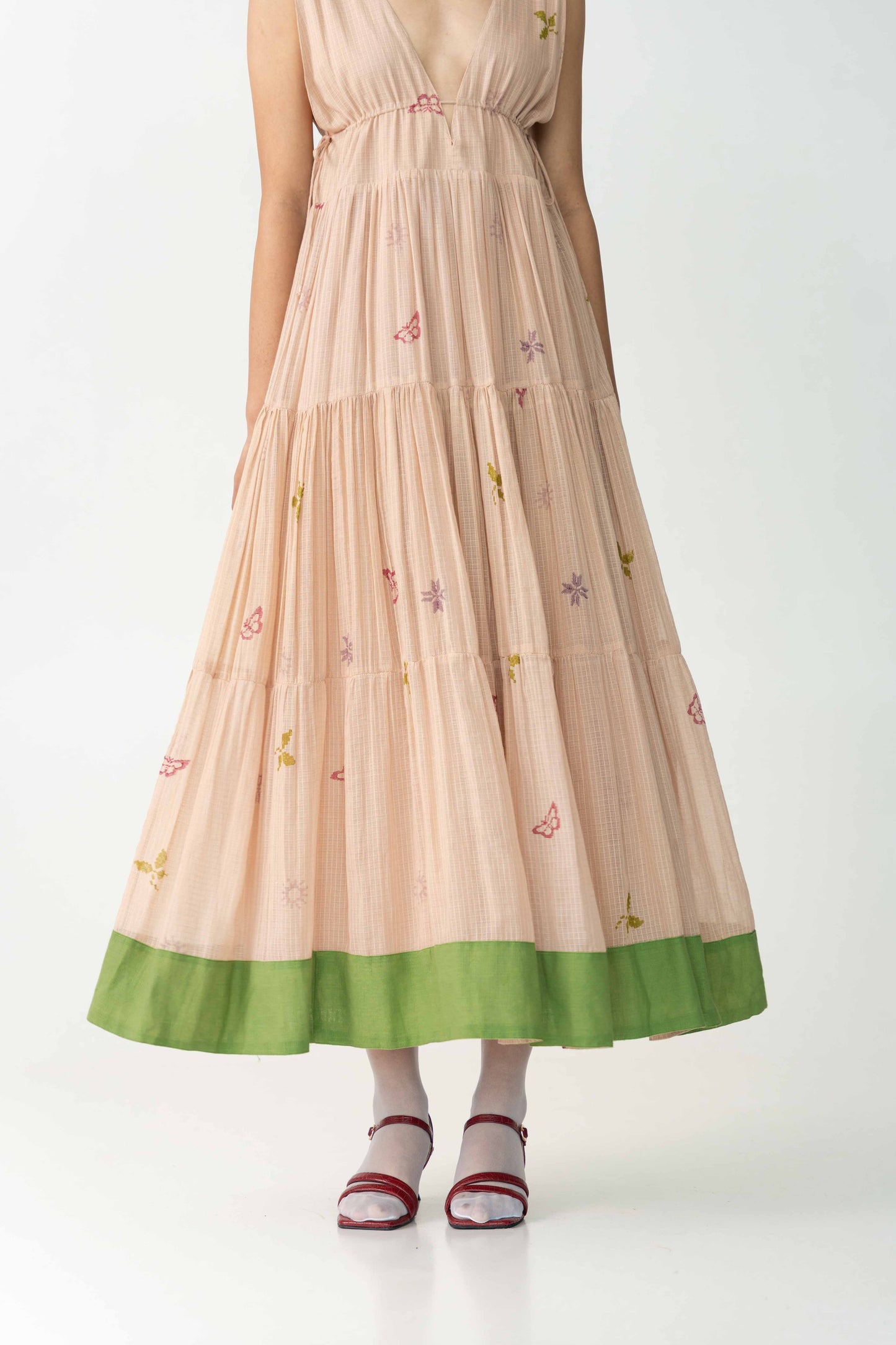 Go with the wind cotton dress, Color Peach, Handwoven Silk X Cotton fabric, Hand-Block Print, Full lined maxi flowy dress.