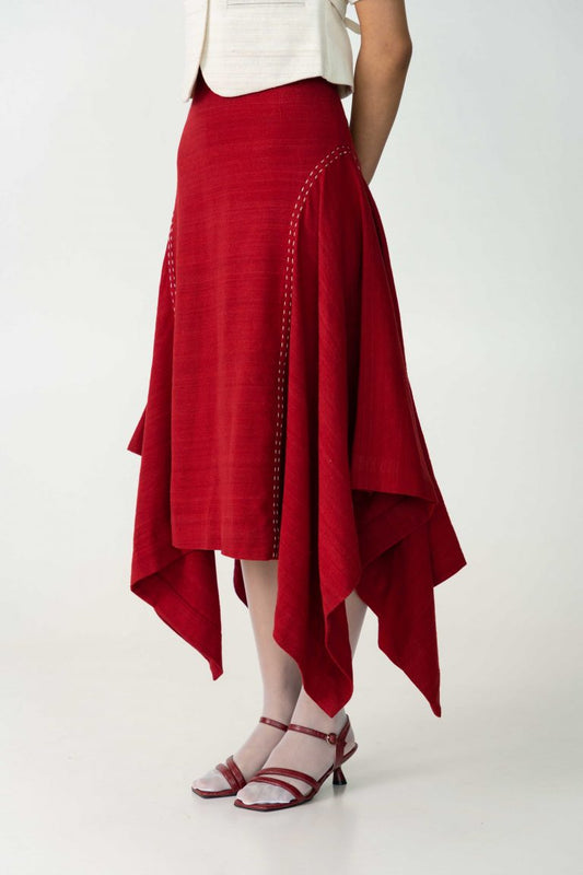 Eri silk side Godet Skirt, Color Red, Handspun & handwoven, with thread embroidery detail.