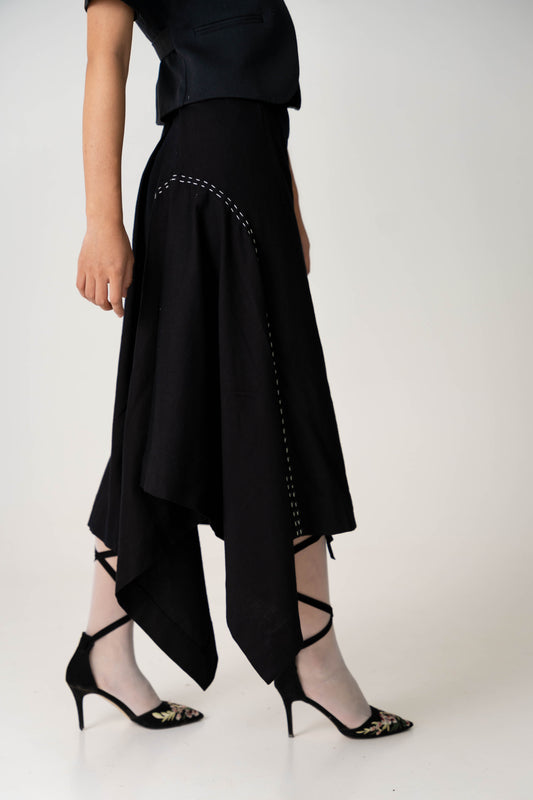 Explorer side godet skirt, Color Black, Handwoven Cotton twill fabric, Denim side godet skirt with thread embroidery detail.