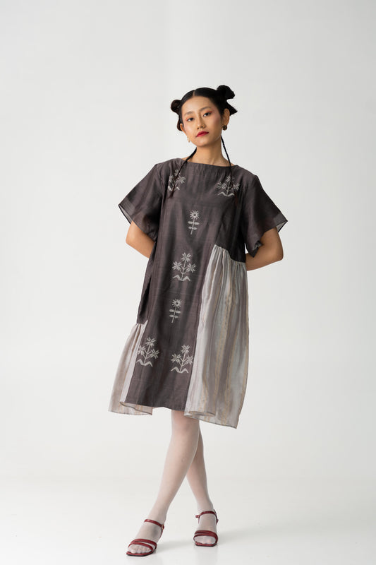 Step-out offbeat dress, Handwoven Silk X Cotton Grey Relaxed Dress, Hand-Block flower Print for Women.