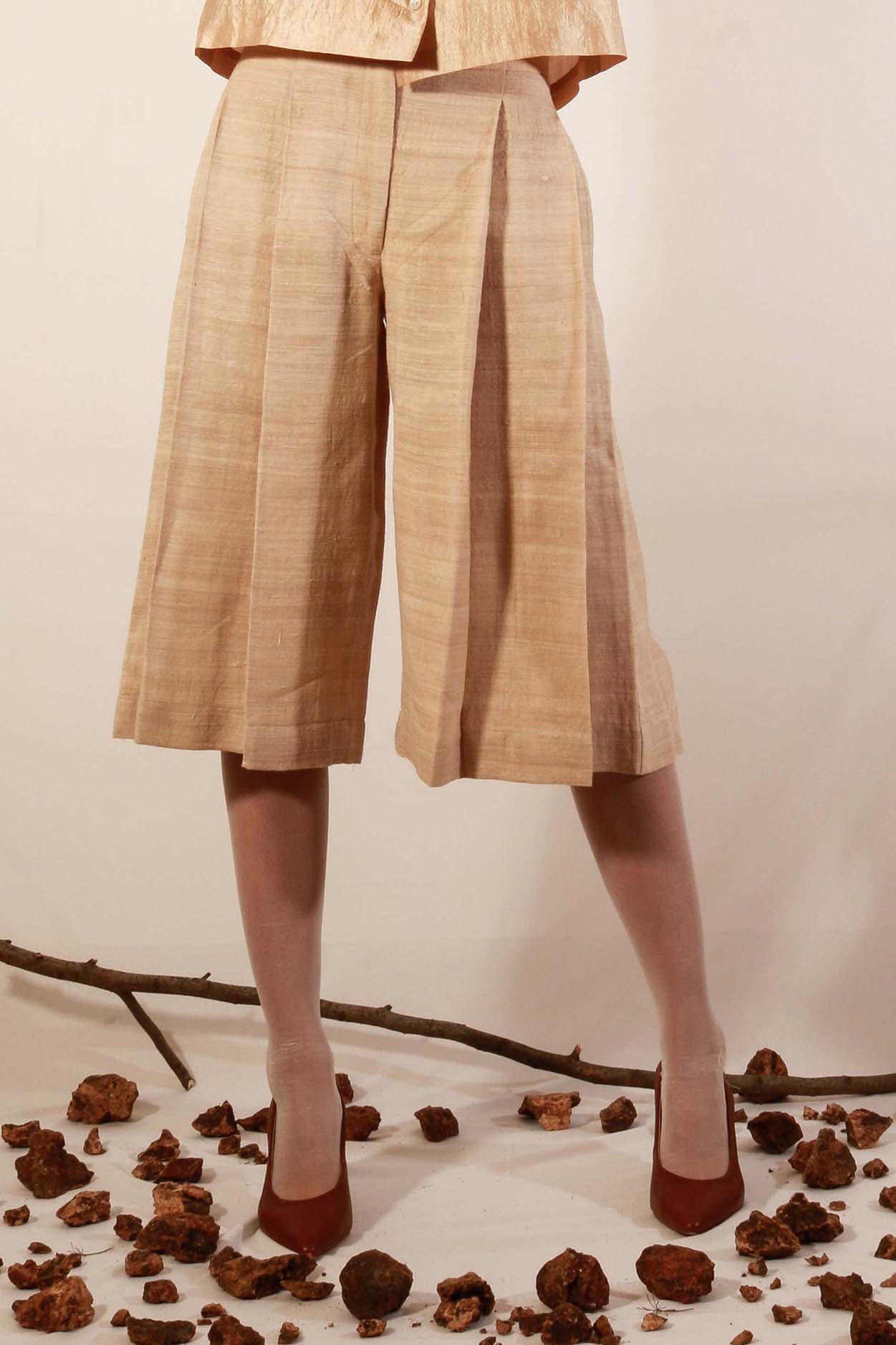 Tea Dyed Bronze-Brown Eri Silk hakama style pleated bermuda shorts for women.