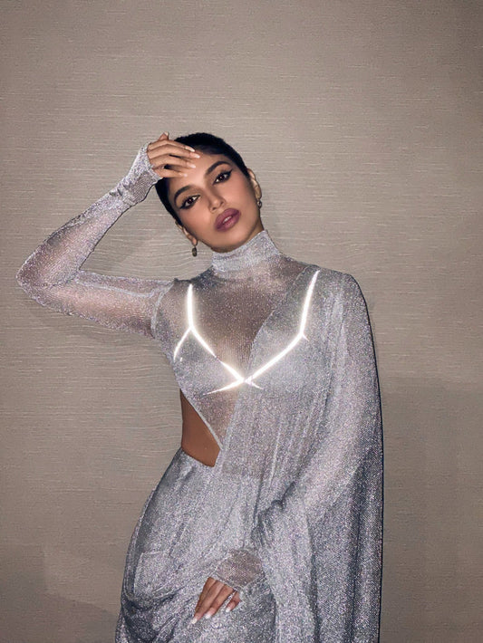 SILVER MESH SARI SET