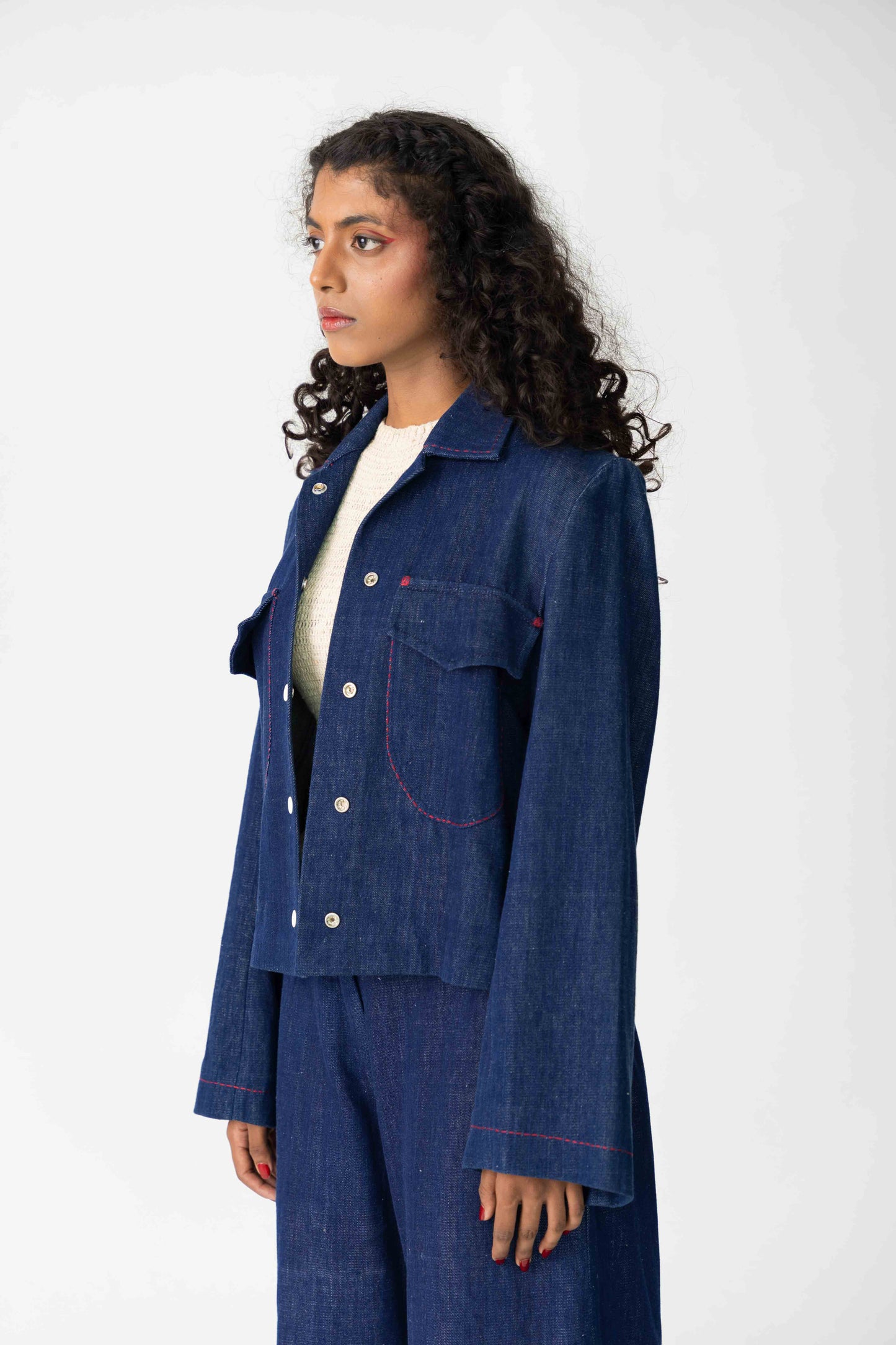 Indigo oversized immensive jacket, Color Indigo Blue, Handwoven Cotton twill fabric, Denim indigo jacket with red contrast embroidery details and pockets.