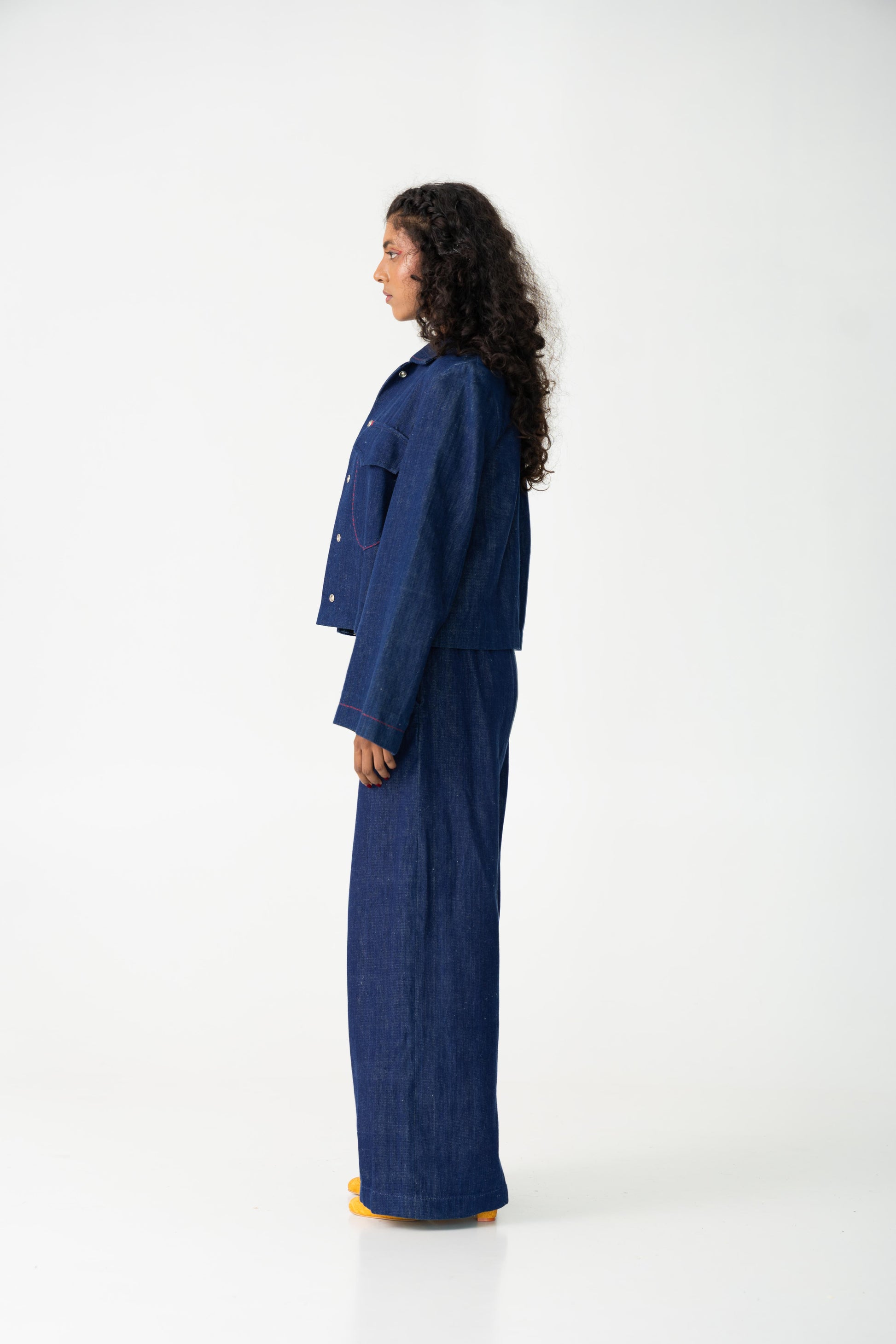 Indigo oversized immensive jacket, Color Indigo Blue, Handwoven Cotton twill fabric, Denim indigo jacket with red contrast embroidery details and pockets.