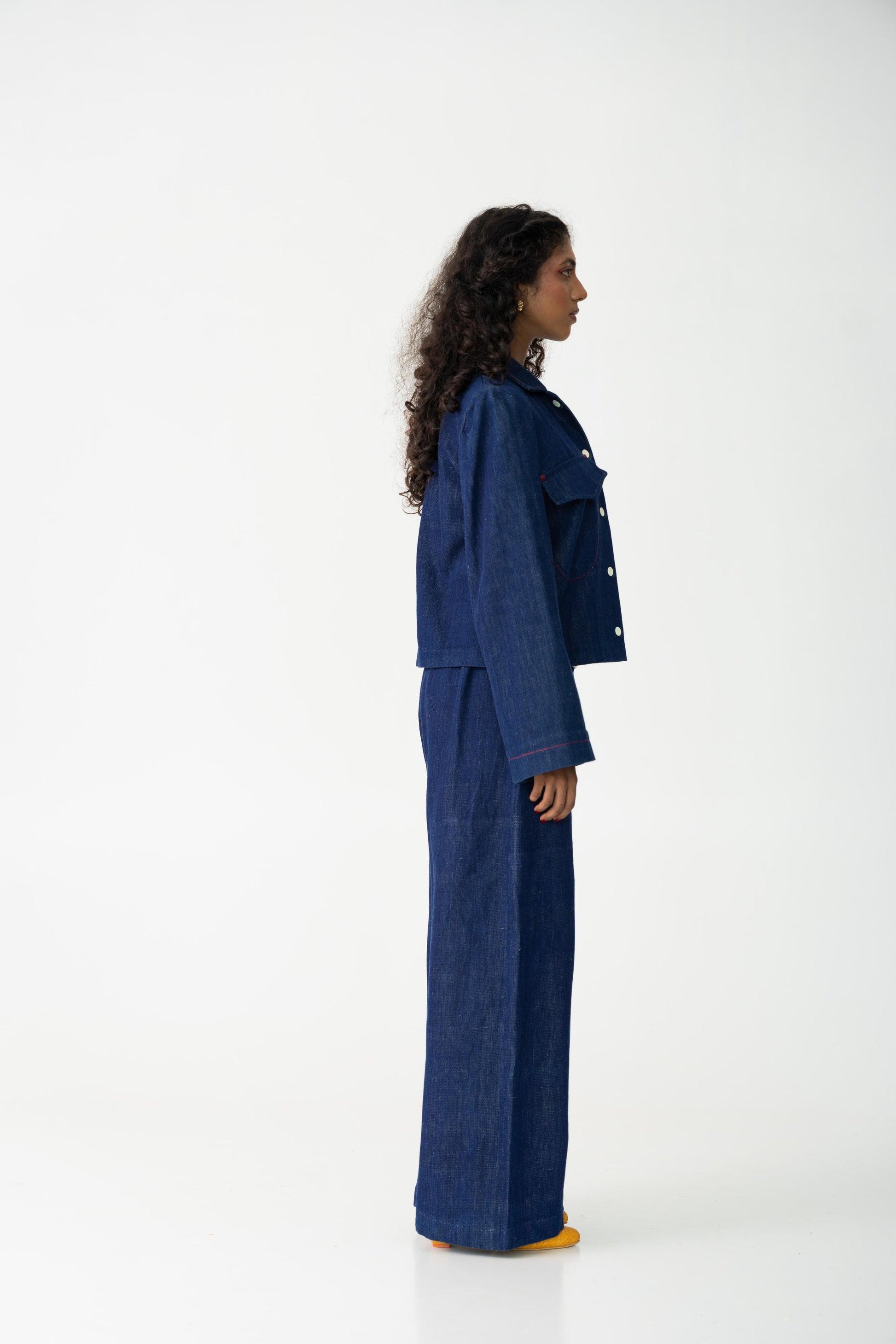 Indigo oversized immensive jacket, Color Indigo Blue, Handwoven Cotton twill fabric, Denim indigo jacket with red contrast embroidery details and pockets.