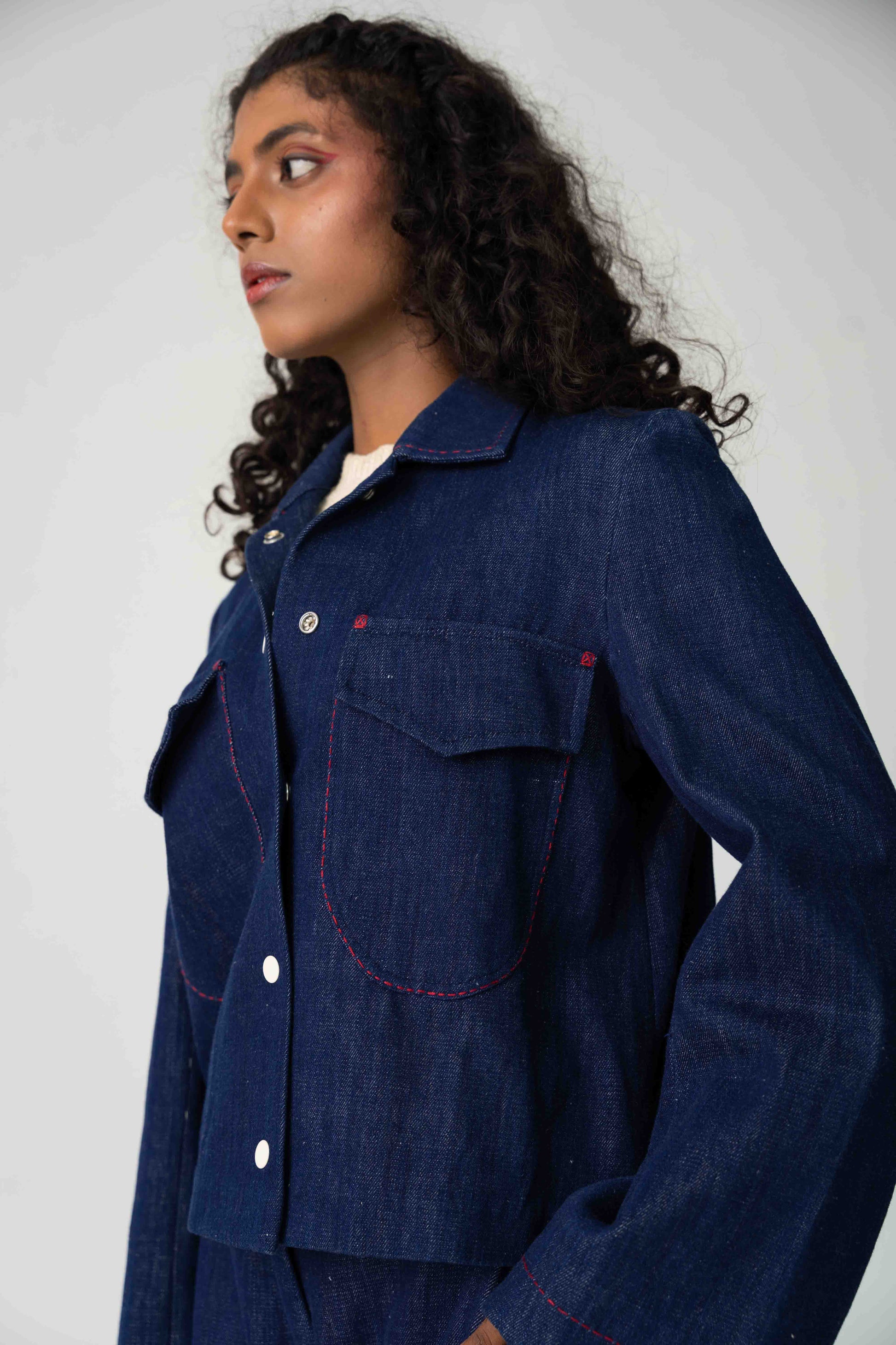 Indigo oversized immensive jacket, Color Indigo Blue, Handwoven Cotton twill fabric, Denim indigo jacket with red contrast embroidery details and pockets.