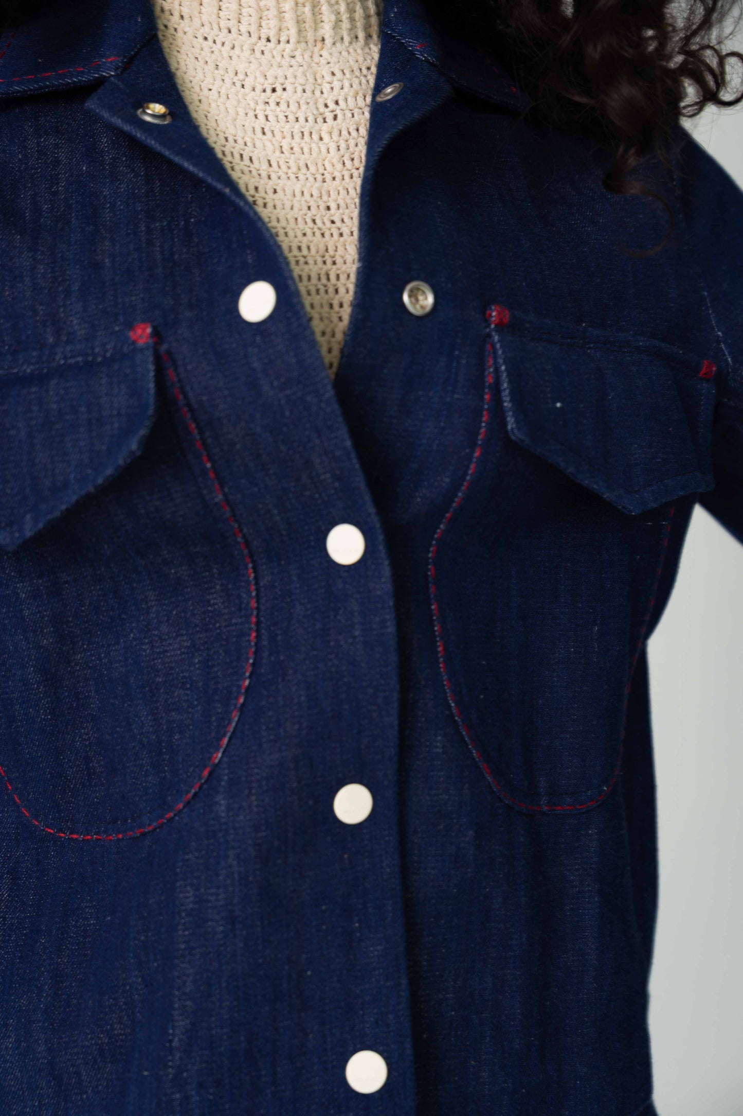 Indigo oversized immensive jacket, Color Indigo Blue, Handwoven Cotton twill fabric, Denim indigo jacket with red contrast embroidery details and pockets.