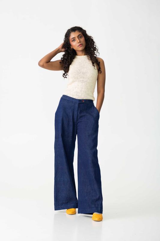 Indigo immensive baggy oversized wide leg pants, Color Indigo Blue, Handwoven Cotton twill fabric, Adjustable elasticated waistband at back.