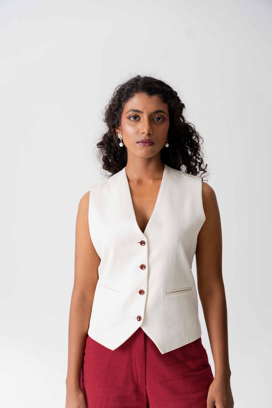 Ivory White formal work wear touch waistcoat for women, Handwoven Cotton fabric, Versatile waistcoat with adjuster at back.