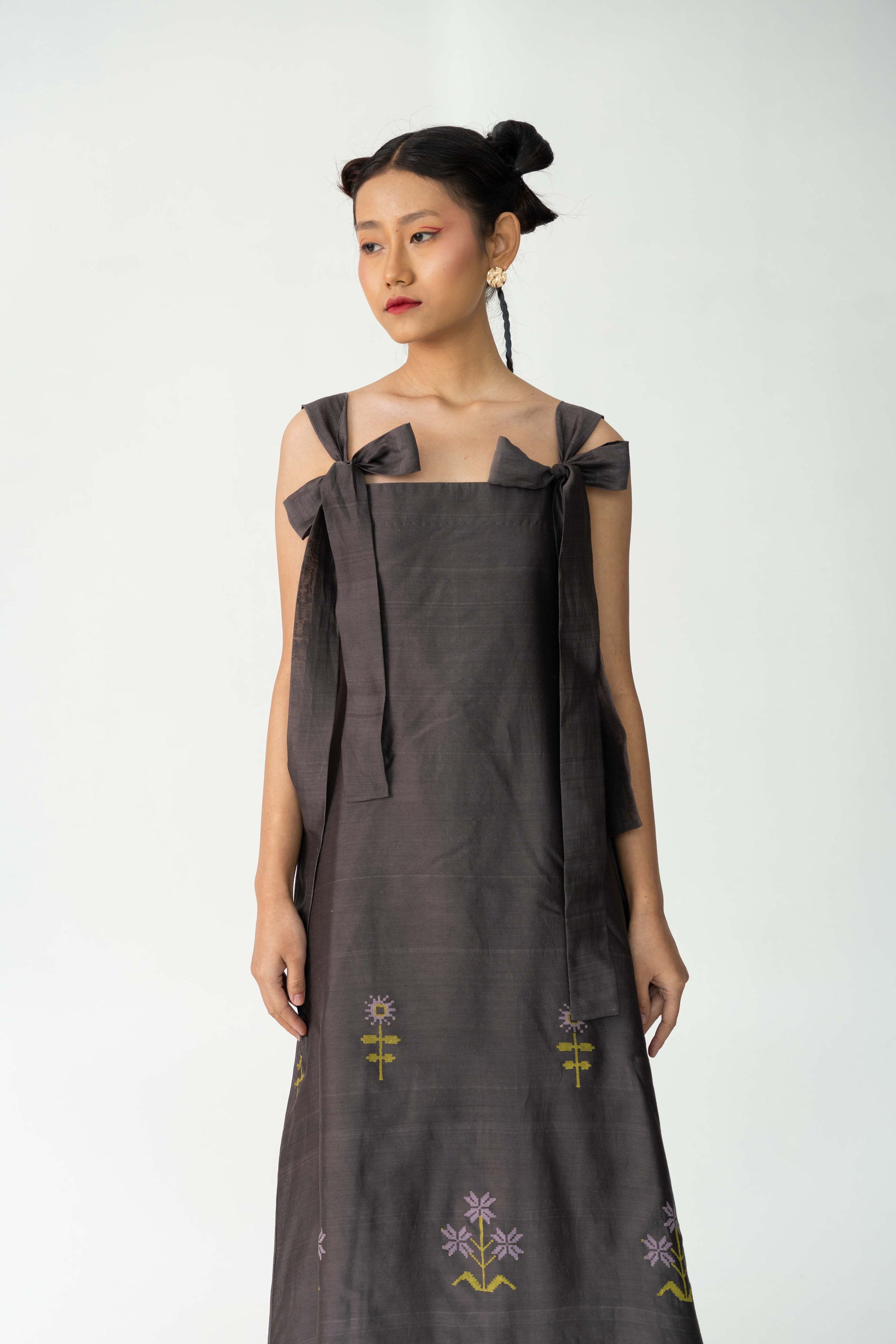 Easy grey jumper dress with tie-up detail at shoulders, Handwoven Silk and Cotton fabric, Hand-Block Printed, Full lined dress.