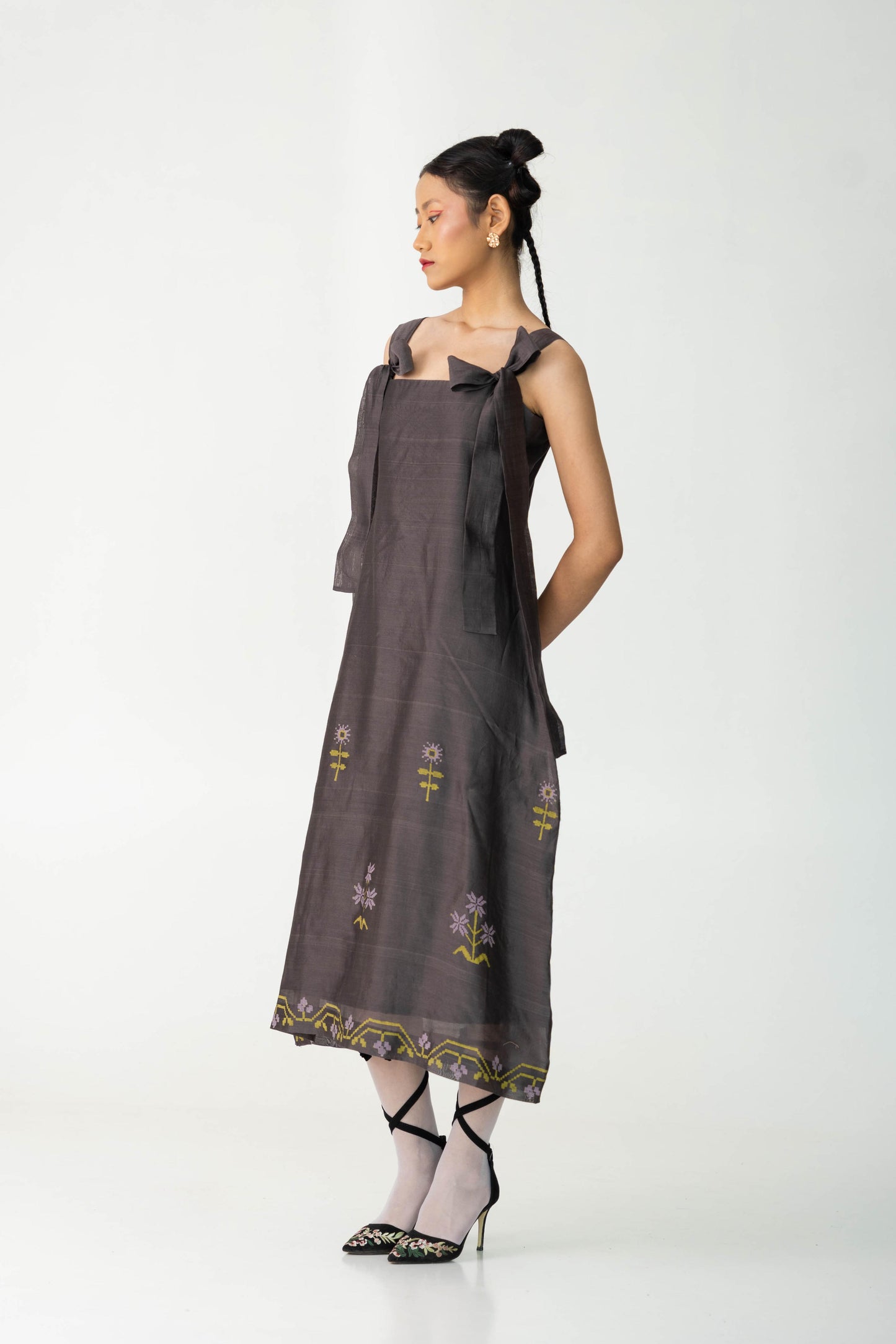 Easy grey jumper dress with tie-up detail at shoulders, Handwoven Silk and Cotton fabric, Hand-Block Printed, Full lined dress.