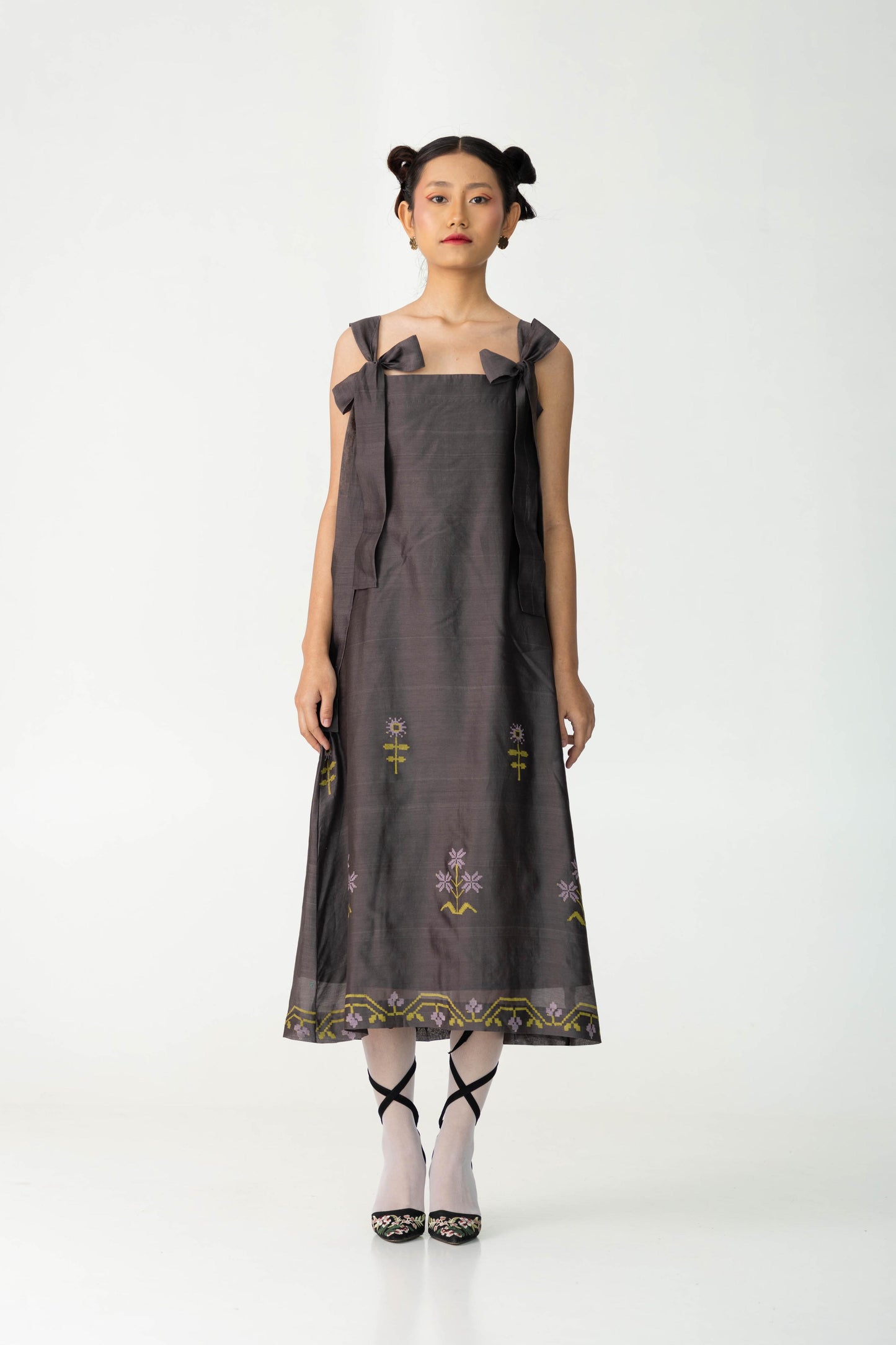 Easy grey jumper dress with tie-up detail at shoulders, Handwoven Silk and Cotton fabric, Hand-Block Printed, Full lined dress.