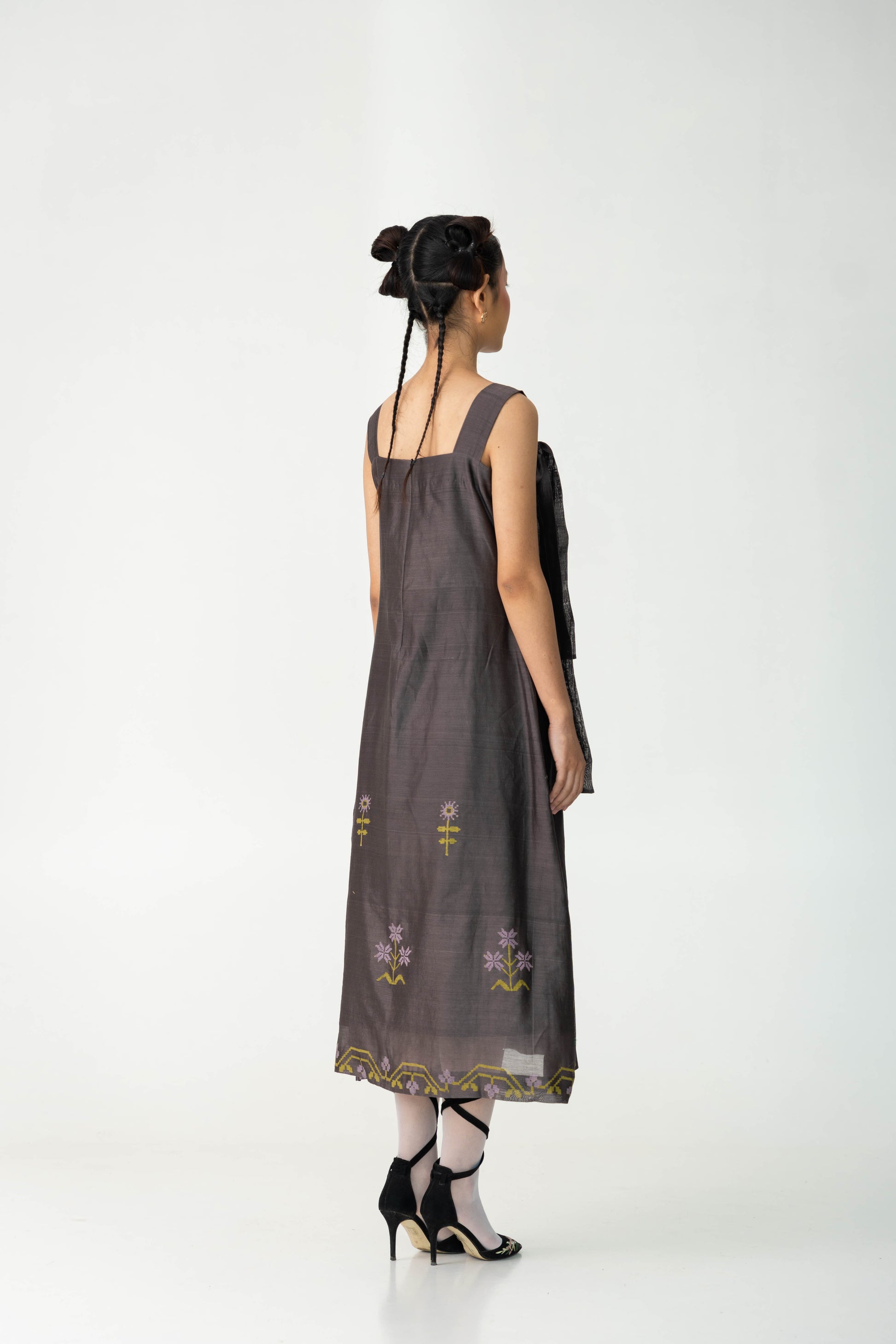 Easy grey jumper dress with tie-up detail at shoulders, Handwoven Silk and Cotton fabric, Hand-Block Printed, Full lined dress.