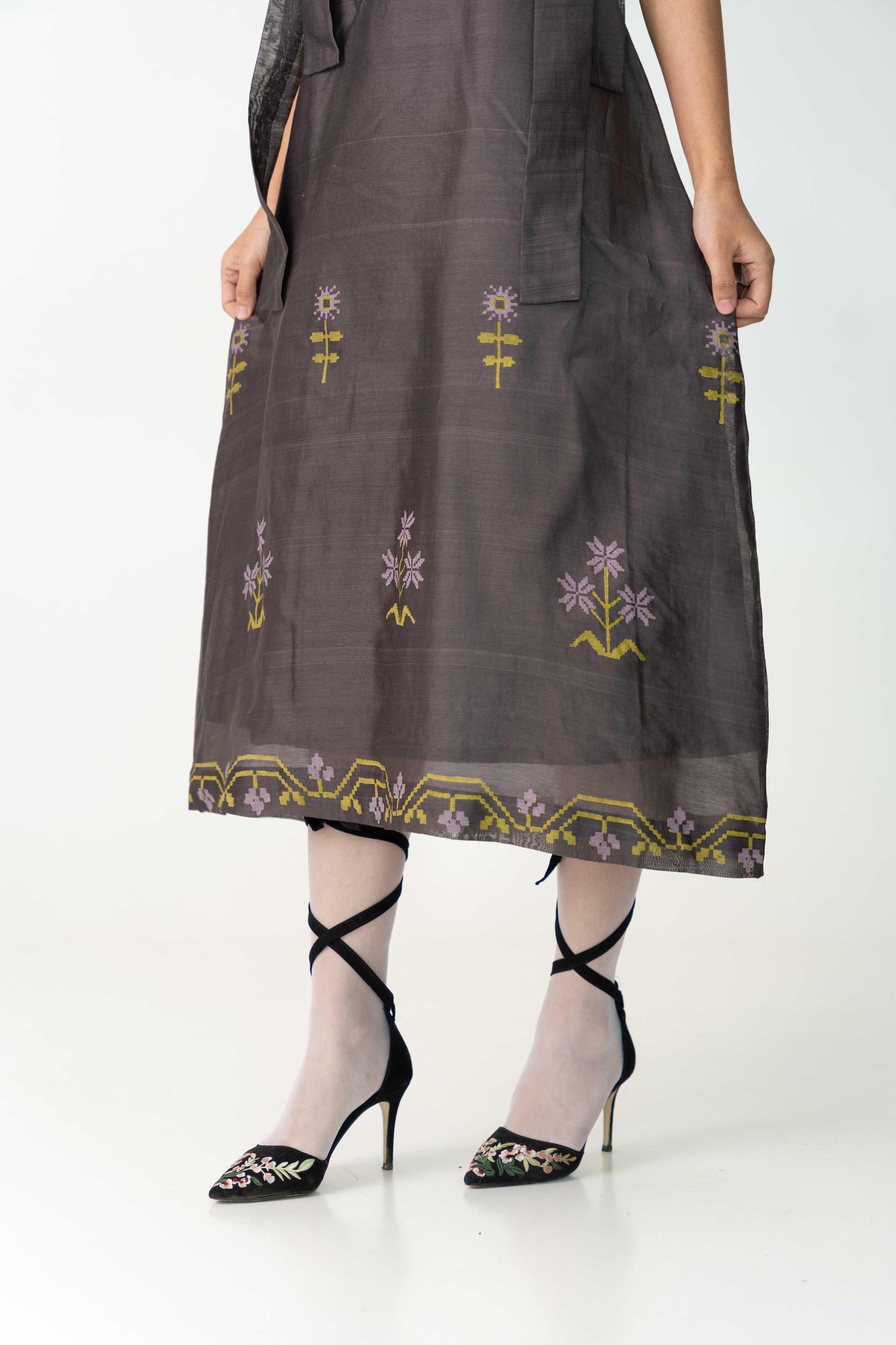 Easy grey jumper dress with tie-up detail at shoulders, Handwoven Silk and Cotton fabric, Hand-Block Printed, Full lined dress.