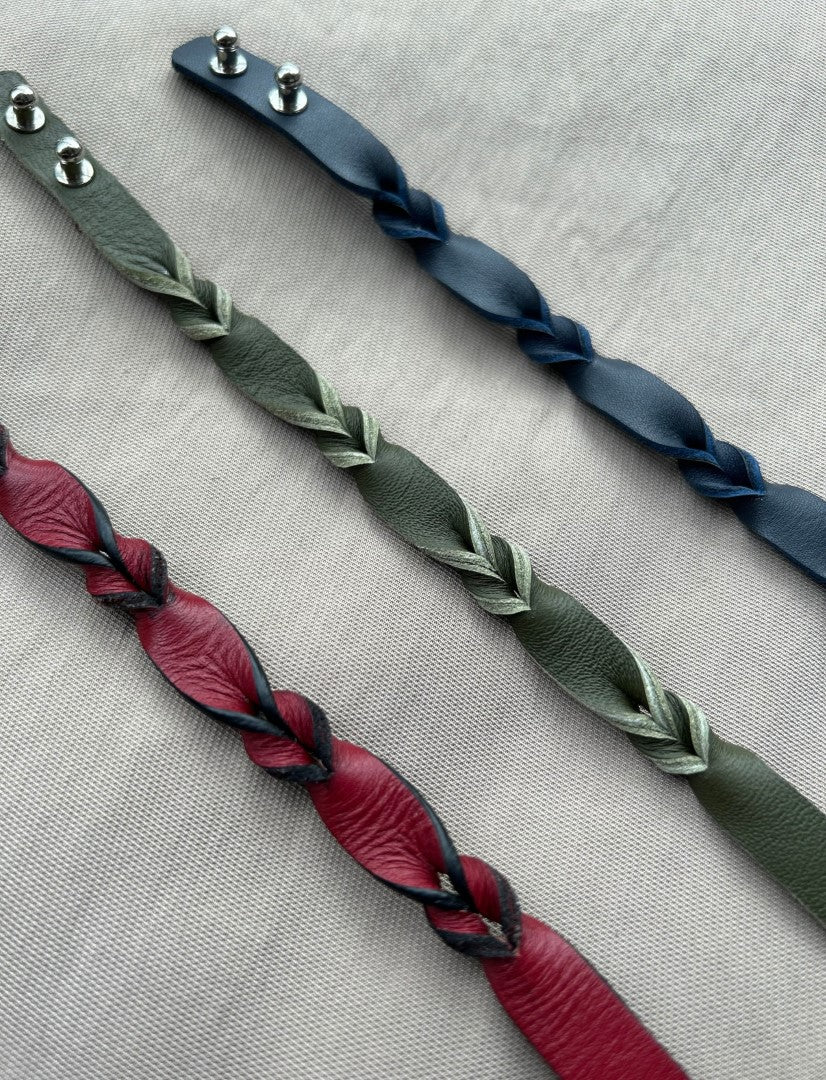 Braided upcycled leather unisex olive adjustable bracelet.