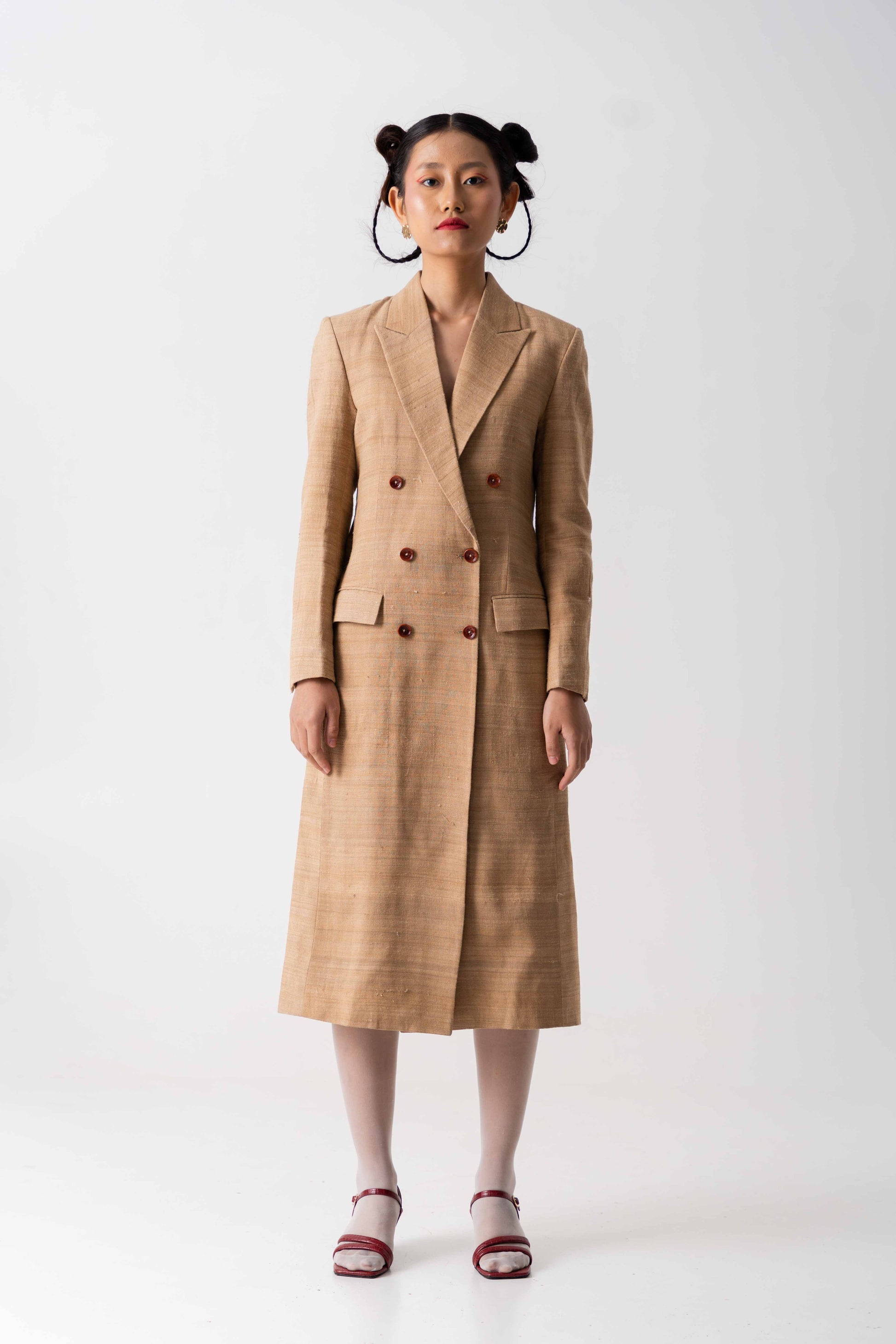 Statement bronze-brown long overcoat, Handwoven Tea Dyed Eri Silk fabric, Double breasted, full lined long overcoat with red buttons for women.