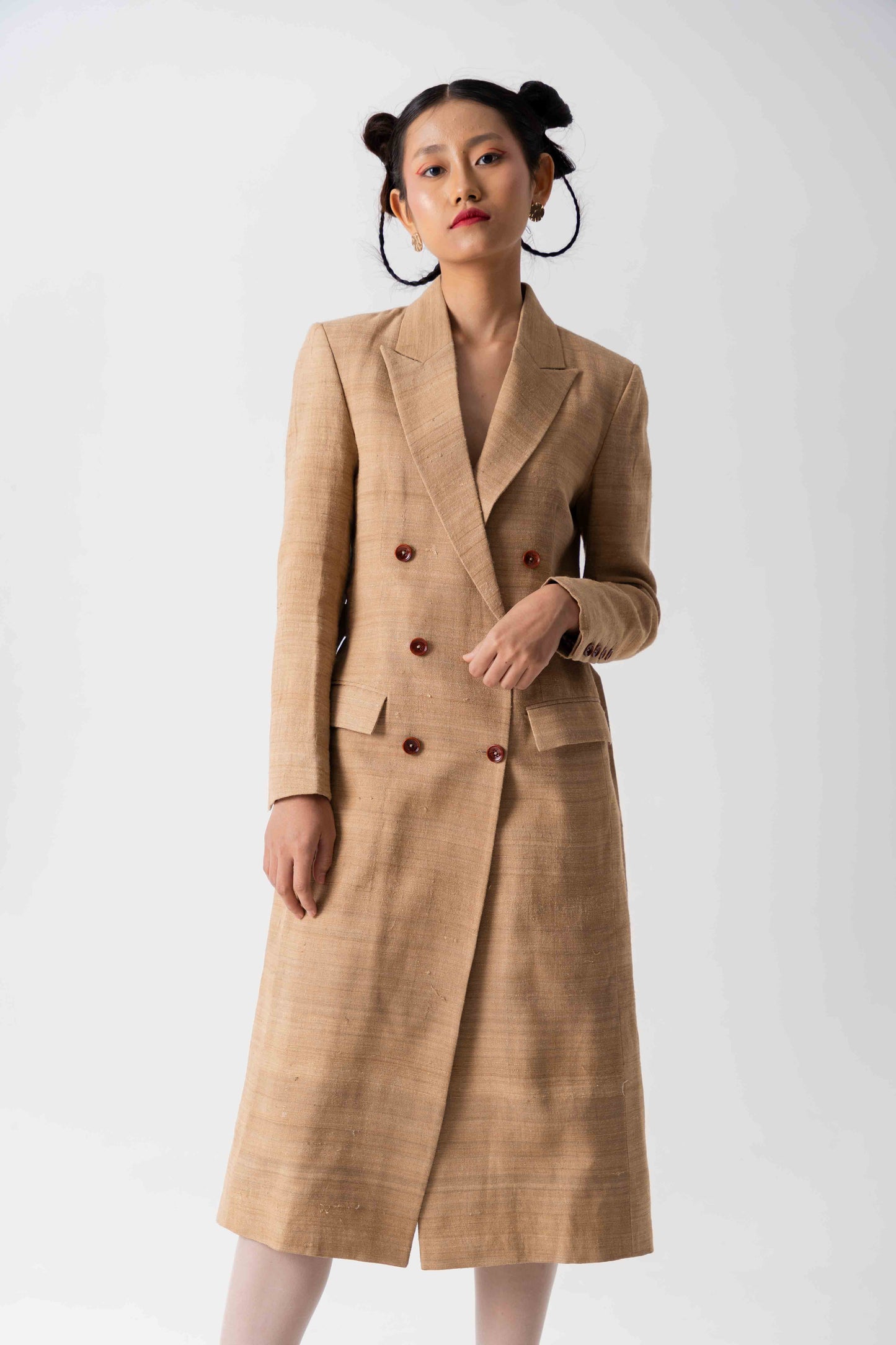 Statement bronze-brown long overcoat, Handwoven Tea Dyed Eri Silk fabric, Double breasted, full lined long overcoat with red buttons for women.