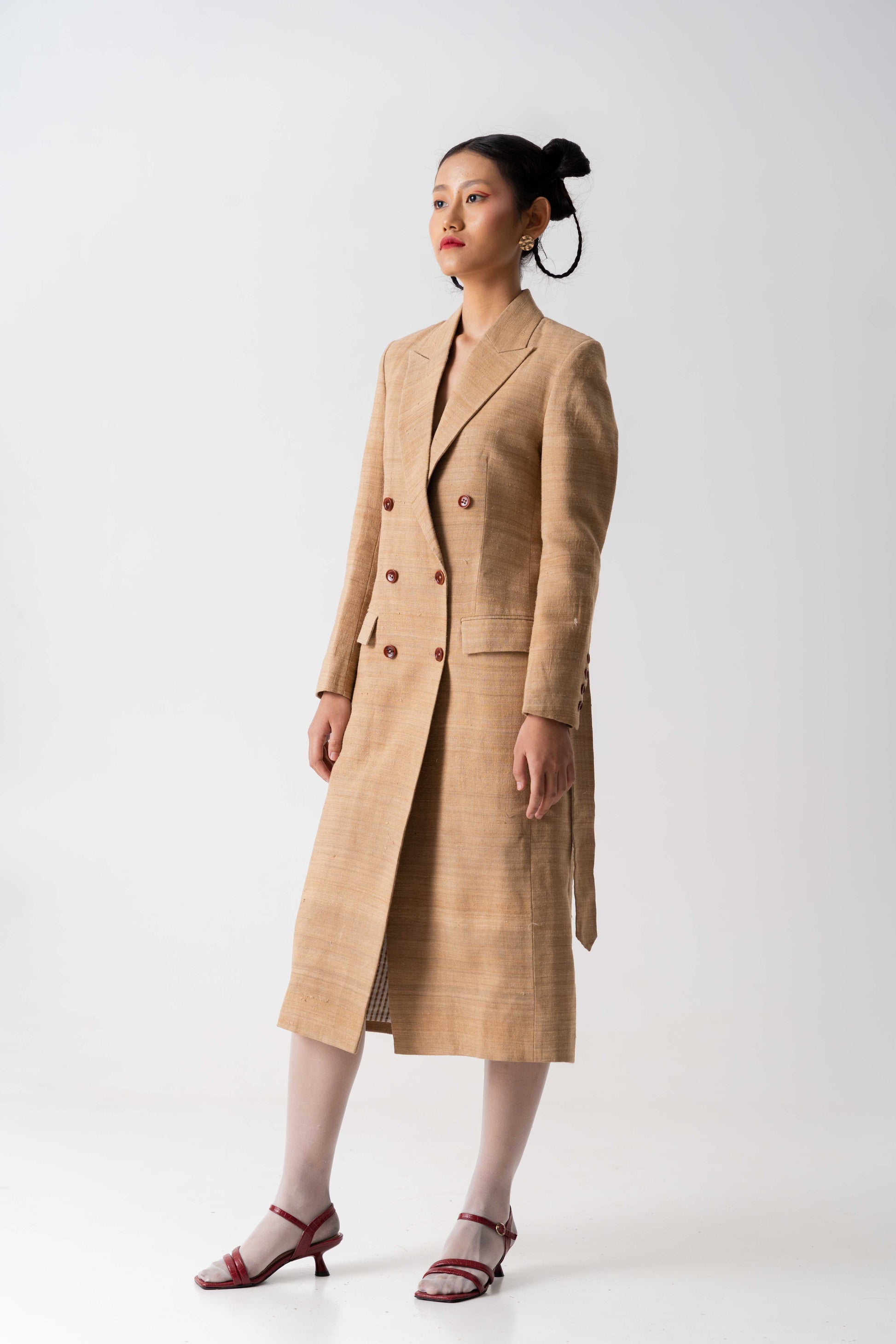 Statement bronze-brown long overcoat, Handwoven Tea Dyed Eri Silk fabric, Double breasted, full lined long overcoat with red buttons for women.