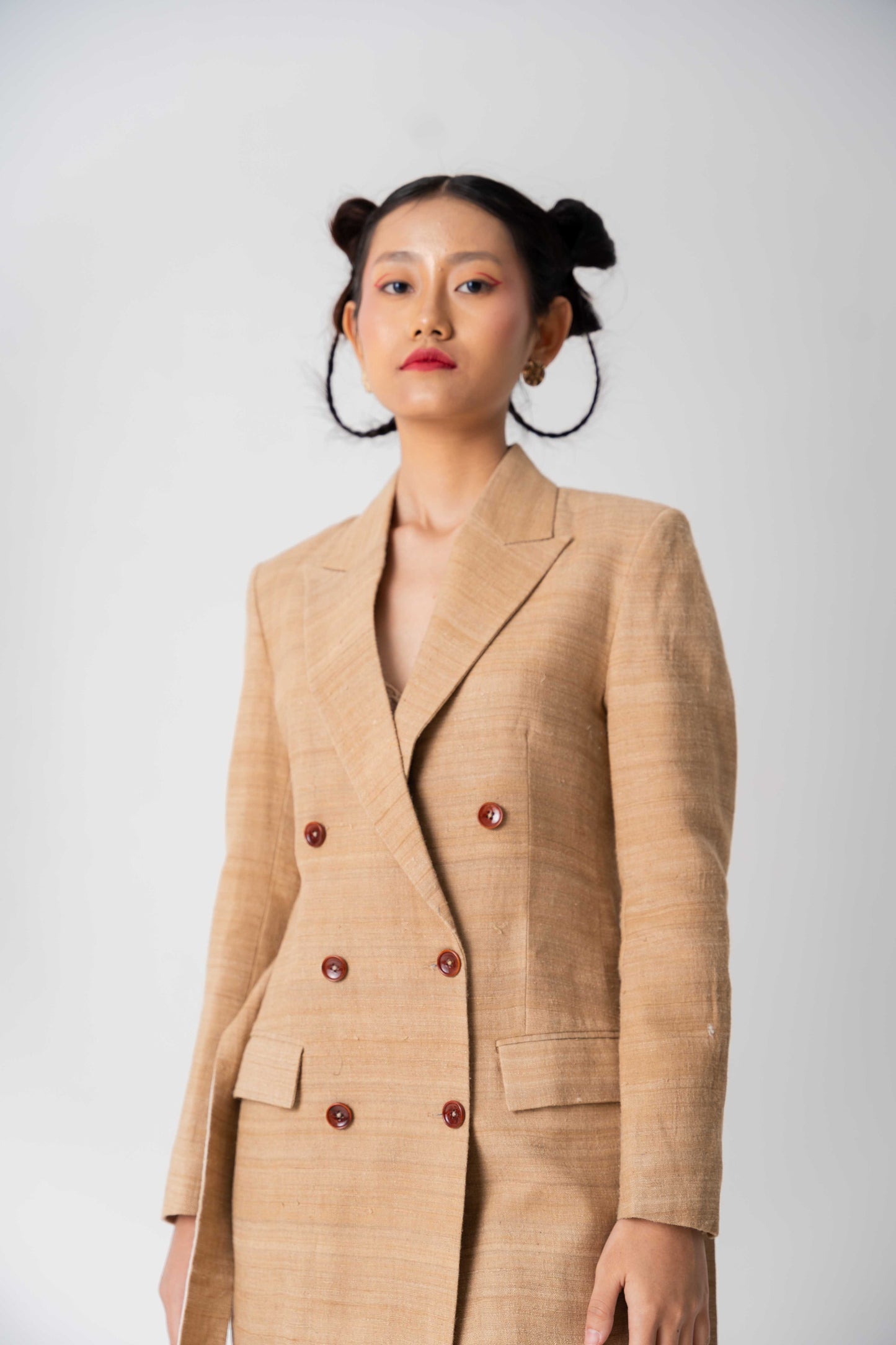 Statement bronze-brown long overcoat, Handwoven Tea Dyed Eri Silk fabric, Double breasted, full lined long overcoat with red buttons for women.