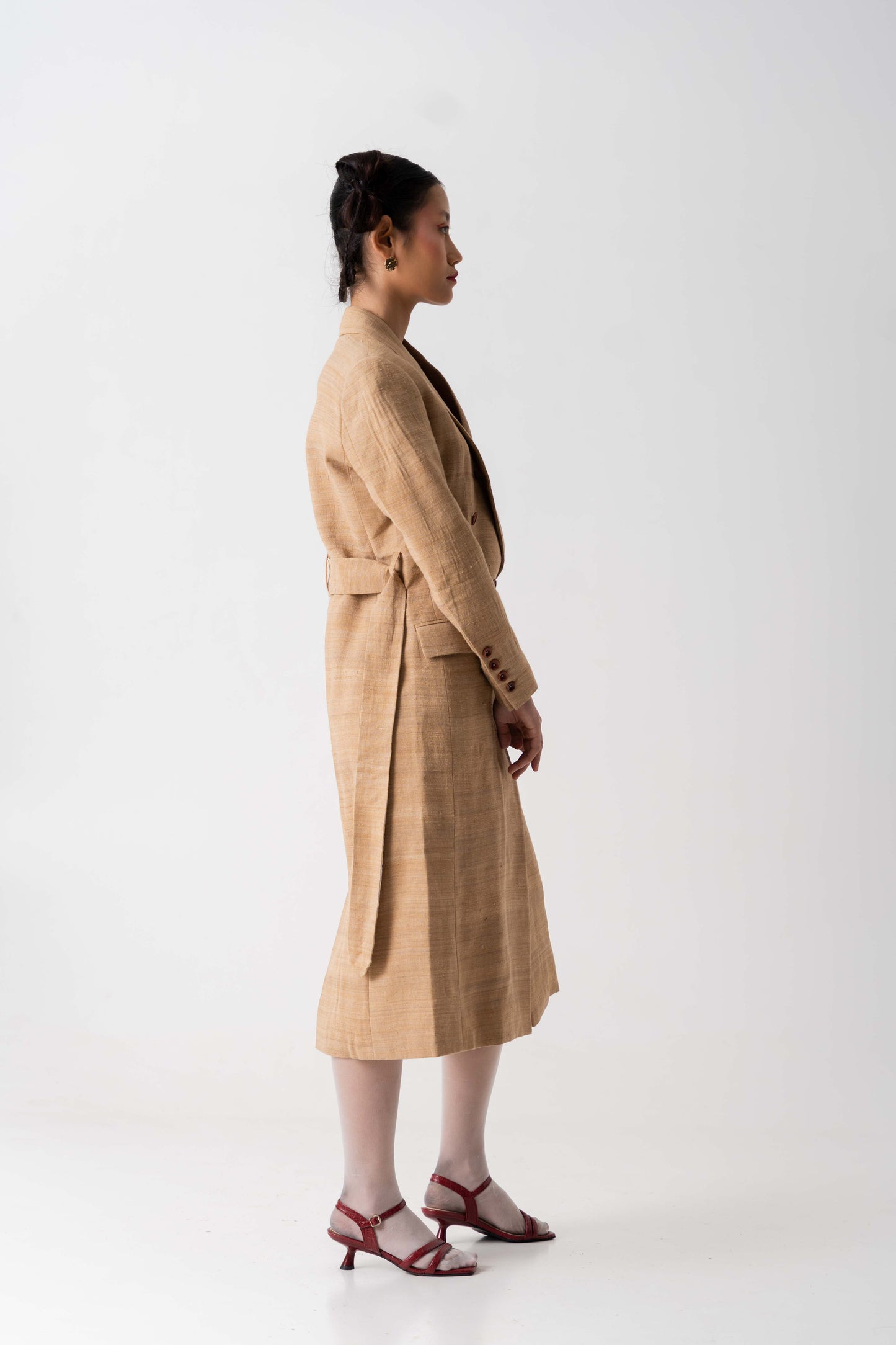 Statement bronze-brown long overcoat, Handwoven Tea Dyed Eri Silk fabric, Double breasted, full lined long overcoat with red buttons for women.