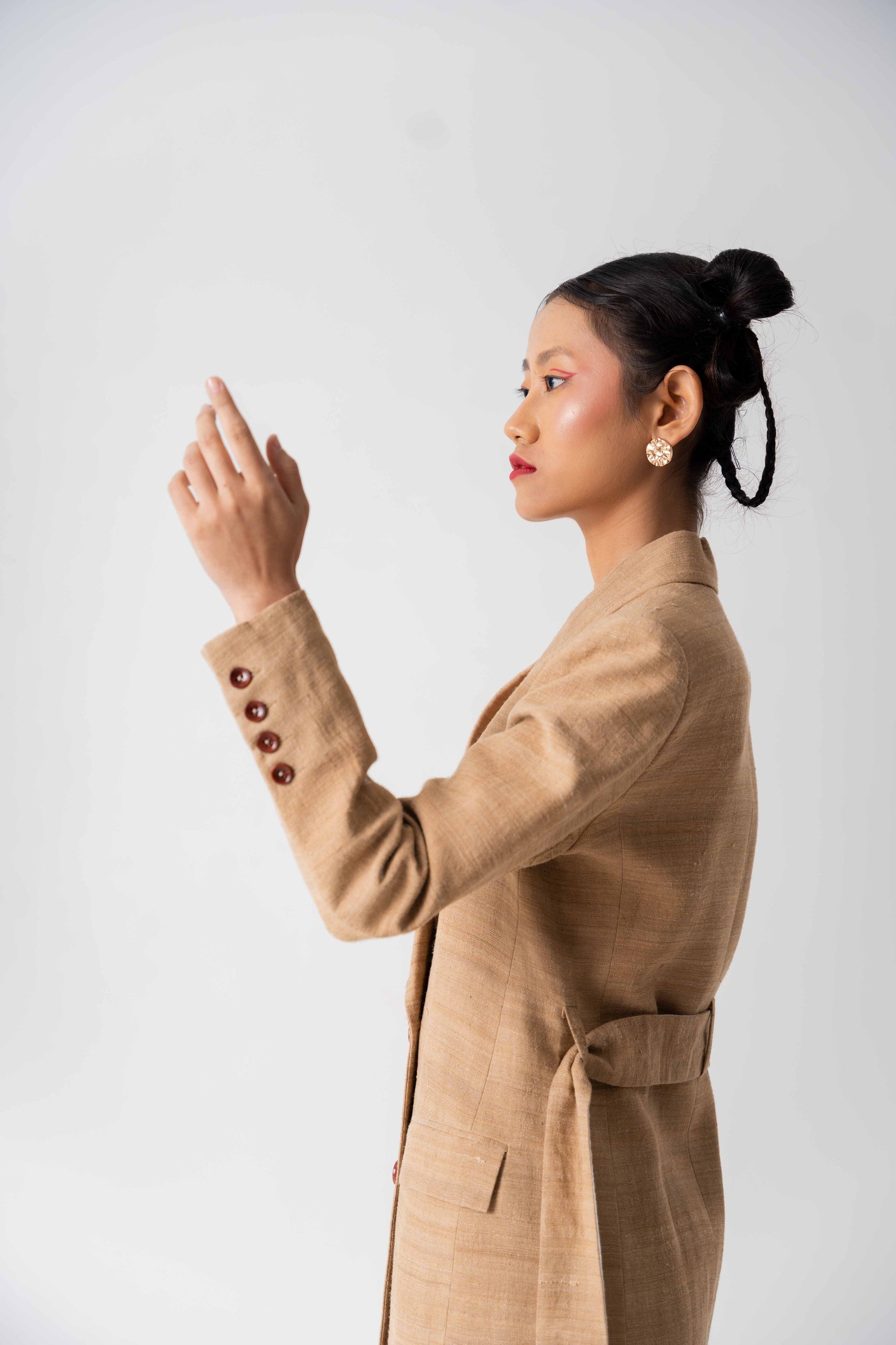 Statement bronze-brown long overcoat, Handwoven Tea Dyed Eri Silk fabric, Double breasted, full lined long overcoat with red buttons for women.