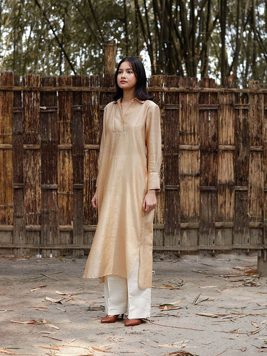 Long v neck slip-on gold-beige easy shirt with box pleat at back & asymmetrical hem, Relaxed Fit, Shell Buttons, Tea dyed Handwoven Chanderi Silk fabric. 