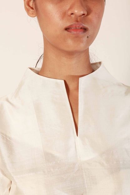 Mulberry silk top with high neck detail and flared full sleeve