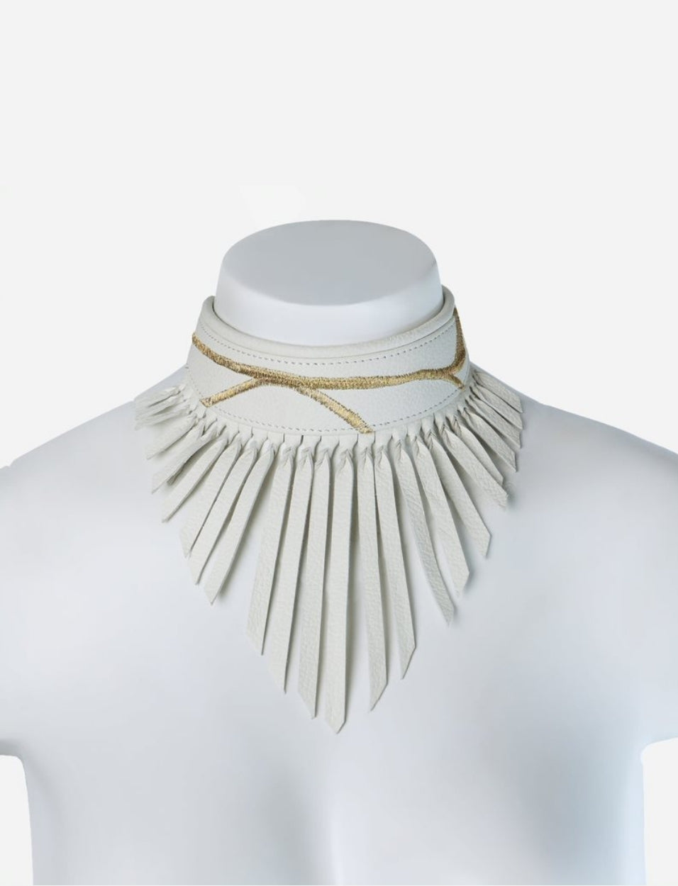 Ivory upcycled leather adjustable necklace with gold embroidery for women.