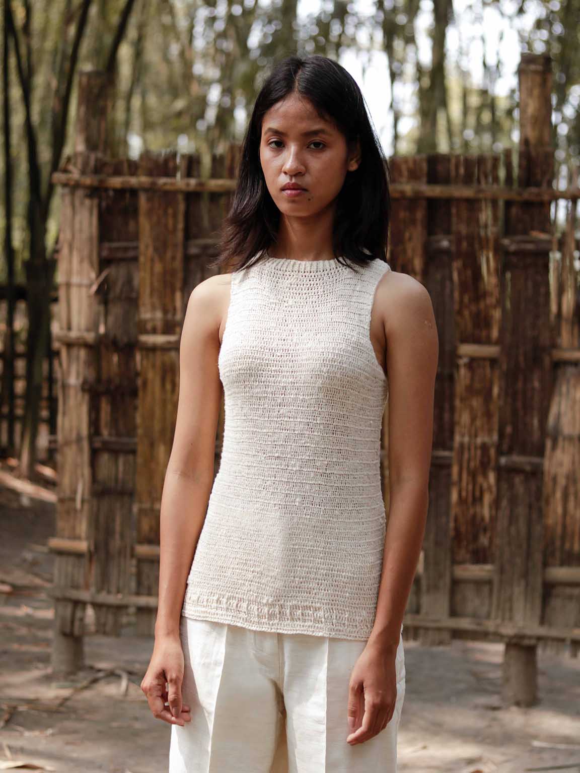 Hand-Crochet Off White Eri Silk Top - Sustainable Sleeveless High