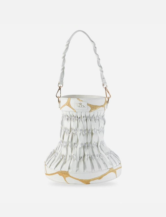 White/Ivory upcycled leather braided women's handbag with gold embroidery.