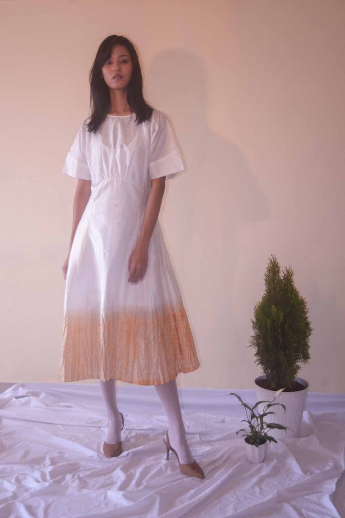 Handwoven Off white midi Mulberry Silk kimono sleeve dress with shibori Tea Dyed detail at hemline for women with Slip dress inside.