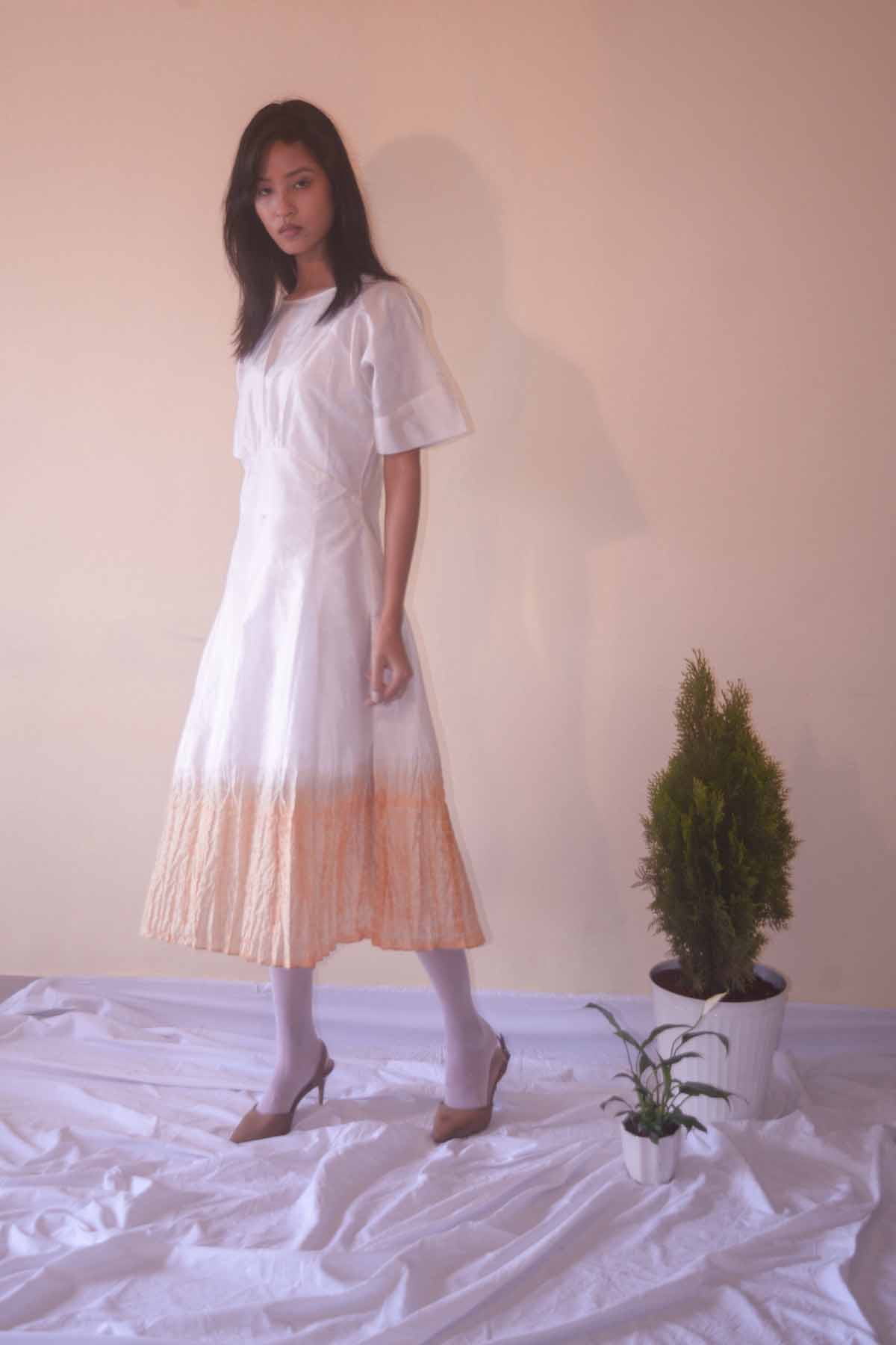 Handwoven Off white midi Mulberry Silk kimono sleeve dress with shibori Tea Dyed detail at hemline for women with Slip dress inside.