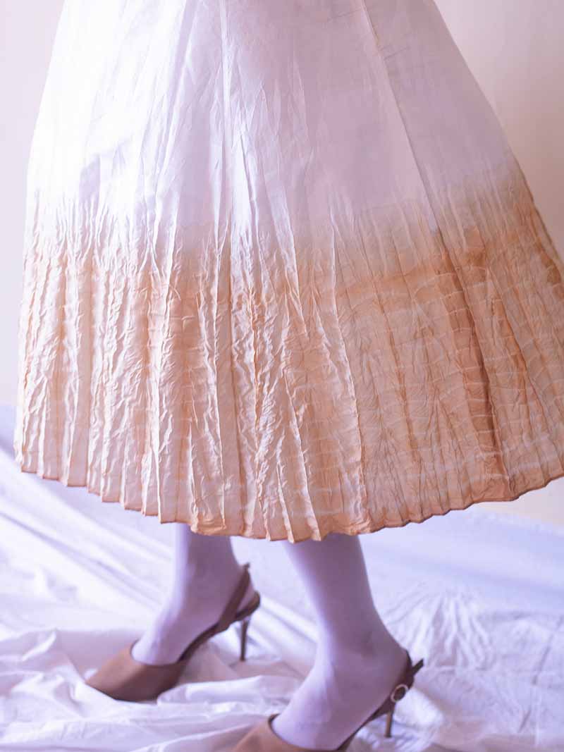 Handwoven Off white midi Mulberry Silk kimono sleeve dress with shibori Tea Dyed detail at hemline for women with Slip dress inside.