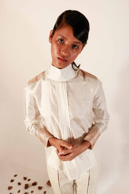 Mulberry Off-White silk shirt top with high neck detail and handcrafted embroidery detail on shoulder and sleeve cuffs for women.