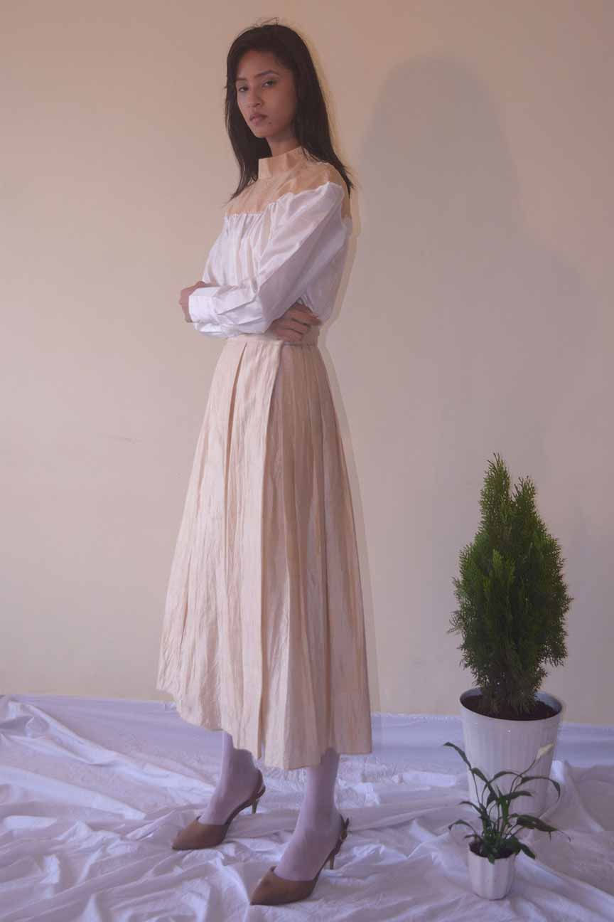 Tea dyed Handwoven Gold-Beige Mulberry Silk Skirt with pleats and Adjustable waistband for women.