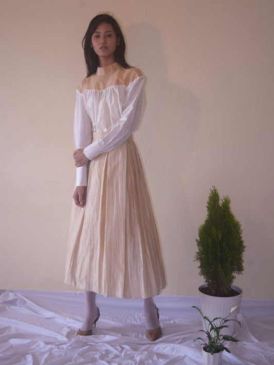 Tea dyed Handwoven Gold-Beige Mulberry Silk Skirt with pleats and Adjustable waistband for women.