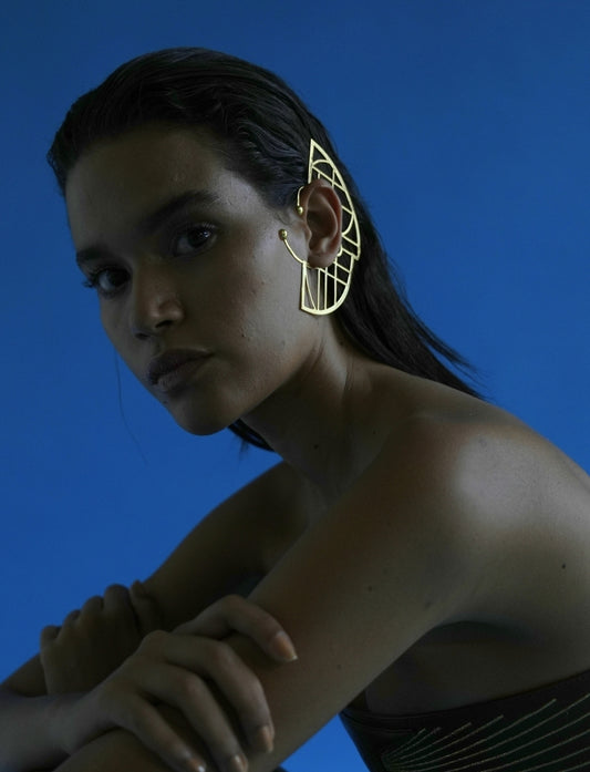 Handcrafted gold plated brass adjustable ear cuff, sustainable and ethical jewelry.