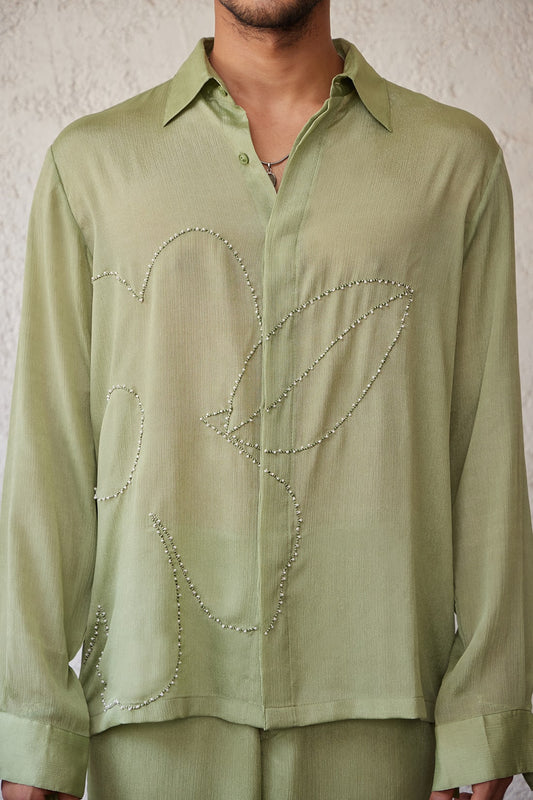 Green Men's Top, Sustainable clothing, hand-embroidered chiffon top