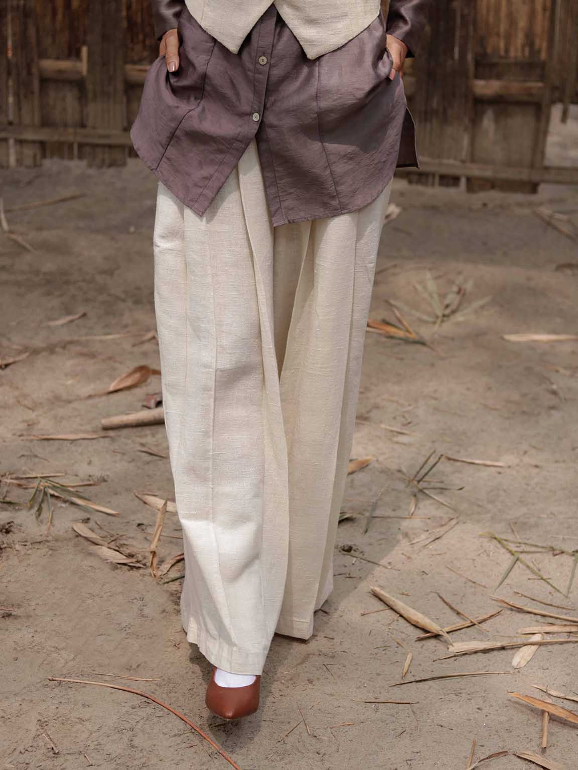 Eri Silk Women's Easy pleated pants with cross pockets, Corozo Nut Buttons, Handwoven.