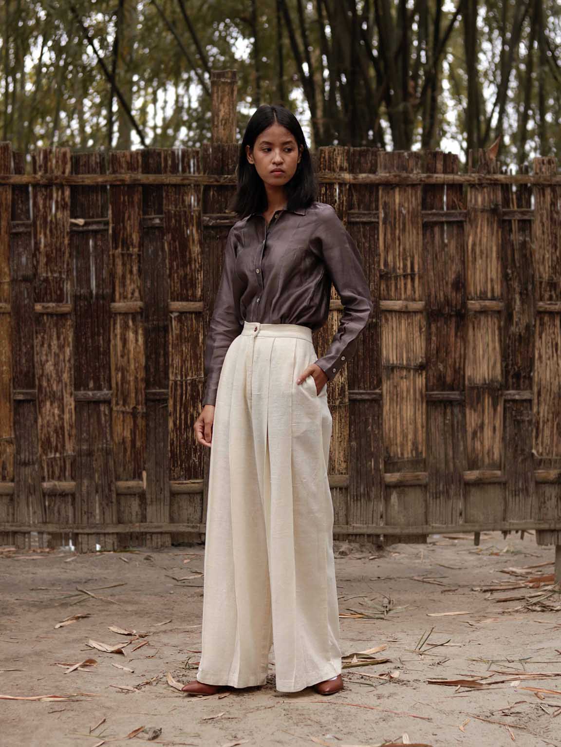 Eri Silk Women's Easy pleated pants with cross pockets, Corozo Nut Buttons, Handwoven.