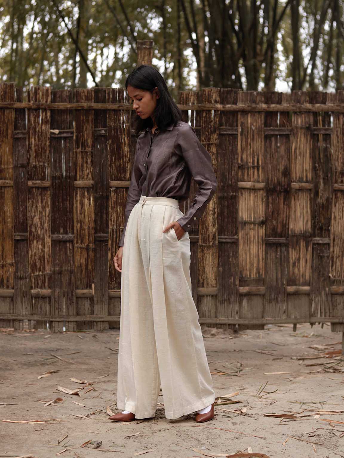 Eri Silk Women's Work Easy pleated pants with cross pockets, Corozo Nut Buttons, Handwoven.