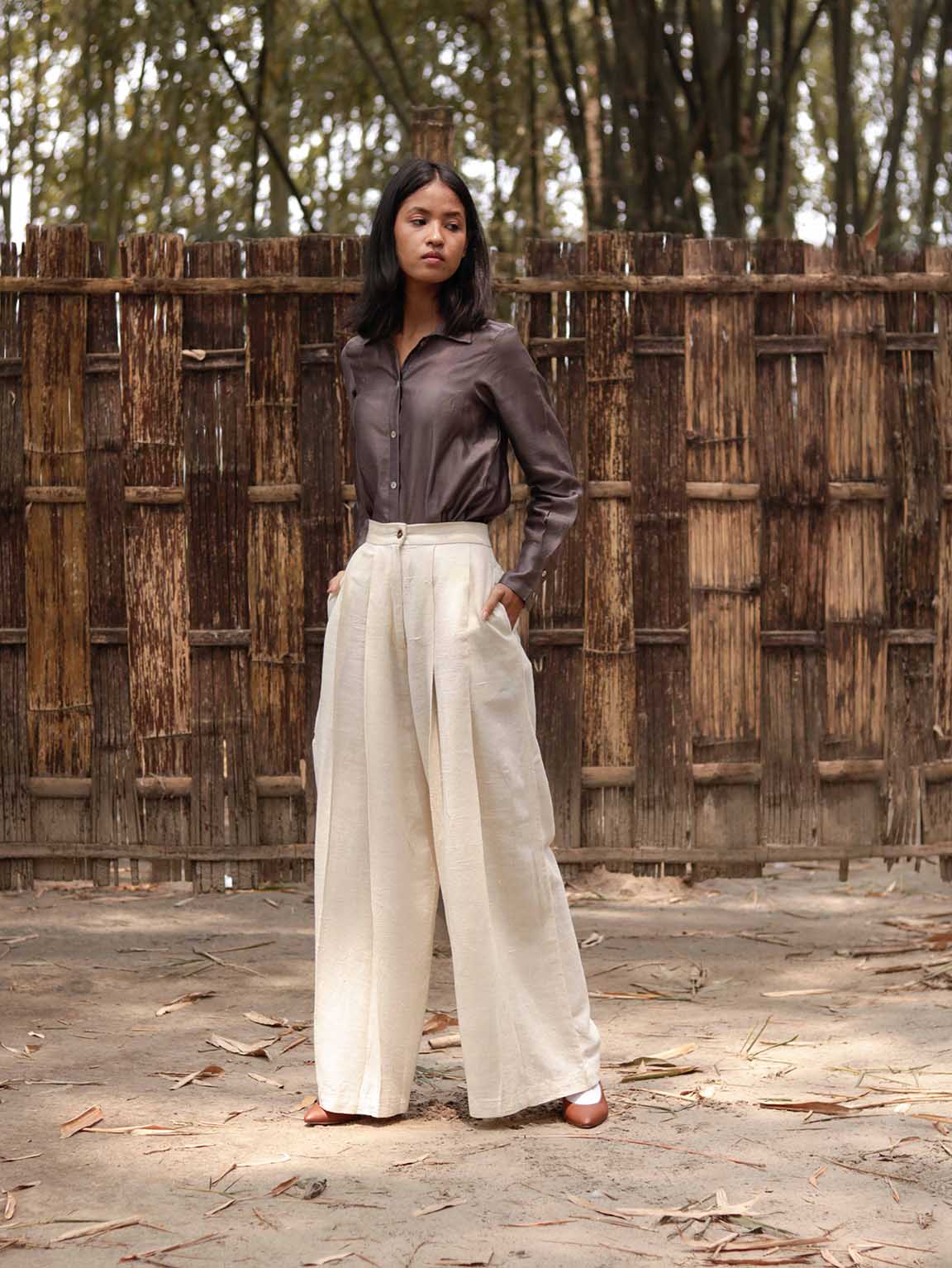 Eri Silk Women's Work Easy pleated pants with cross pockets, Corozo Nut Buttons, Handwoven.