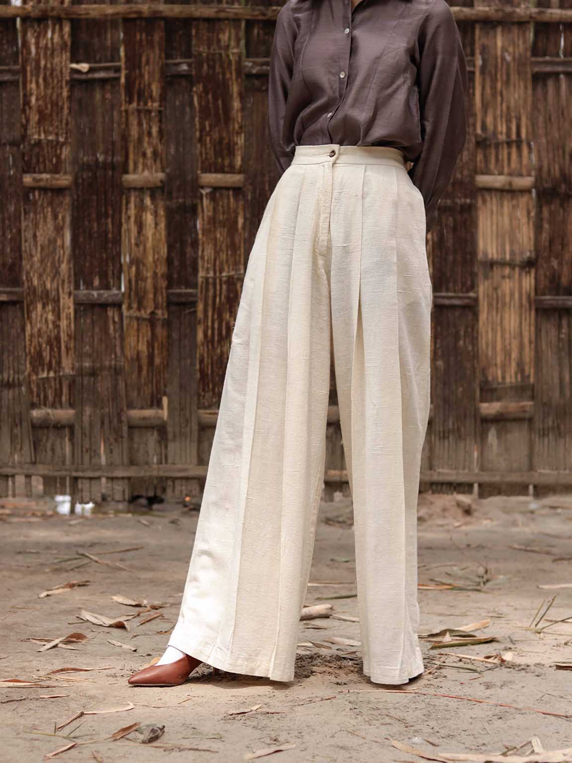 Eri Silk Women's Work Easy pleated pants with cross pockets, Corozo Nut Buttons, Handwoven.