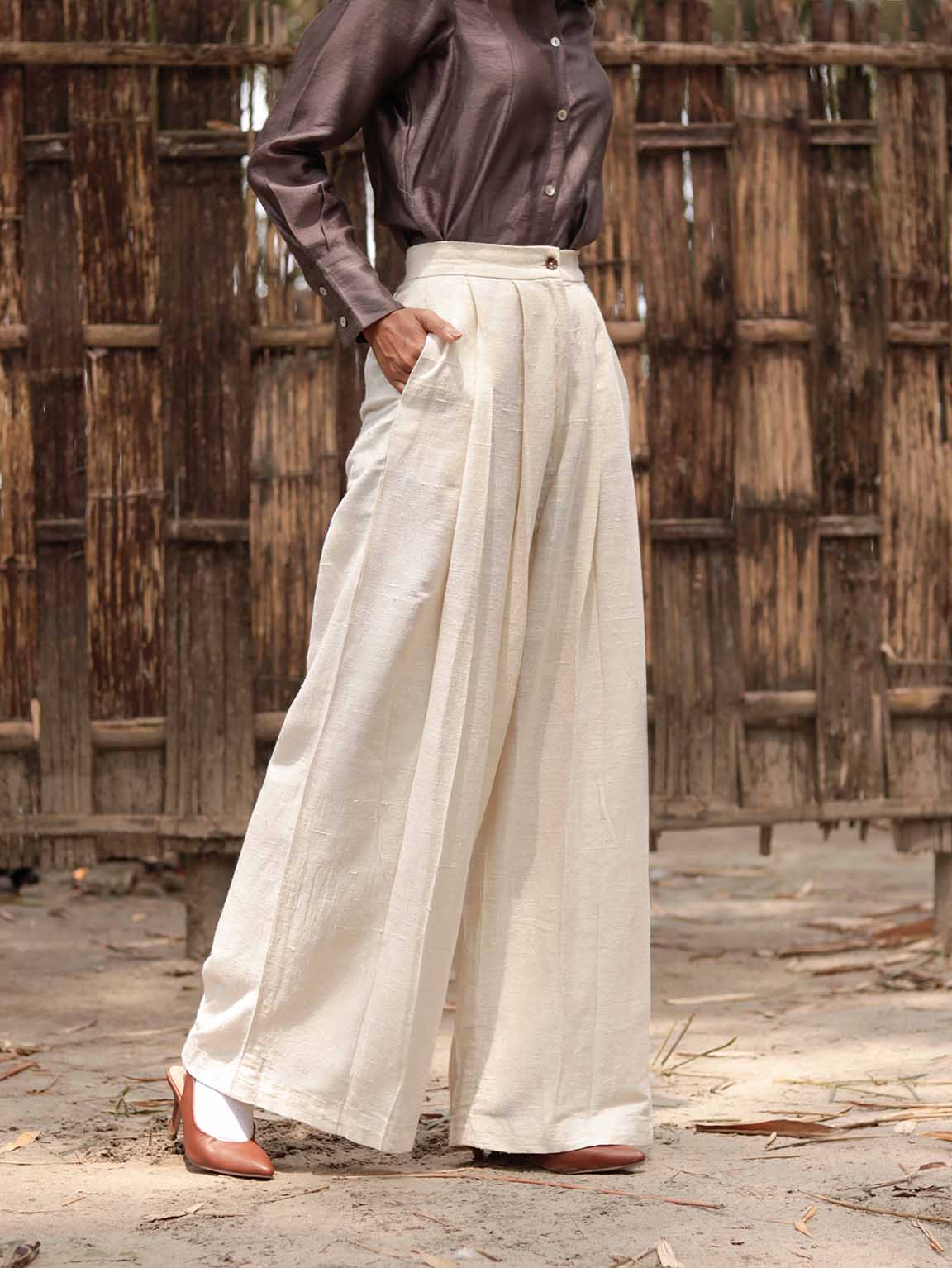 Eri Silk Women's Work Easy pleated pants with cross pockets, Corozo Nut Buttons, Handwoven.