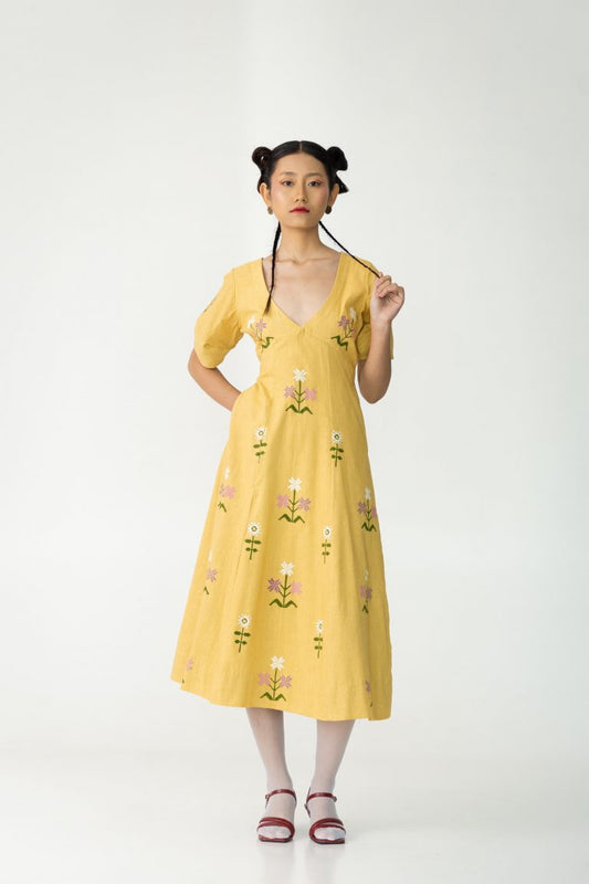 Ray Flower yellow mid summer dress, Handwoven Cotton fabric, Hand-Block flower Prints, Full lined dress for women.